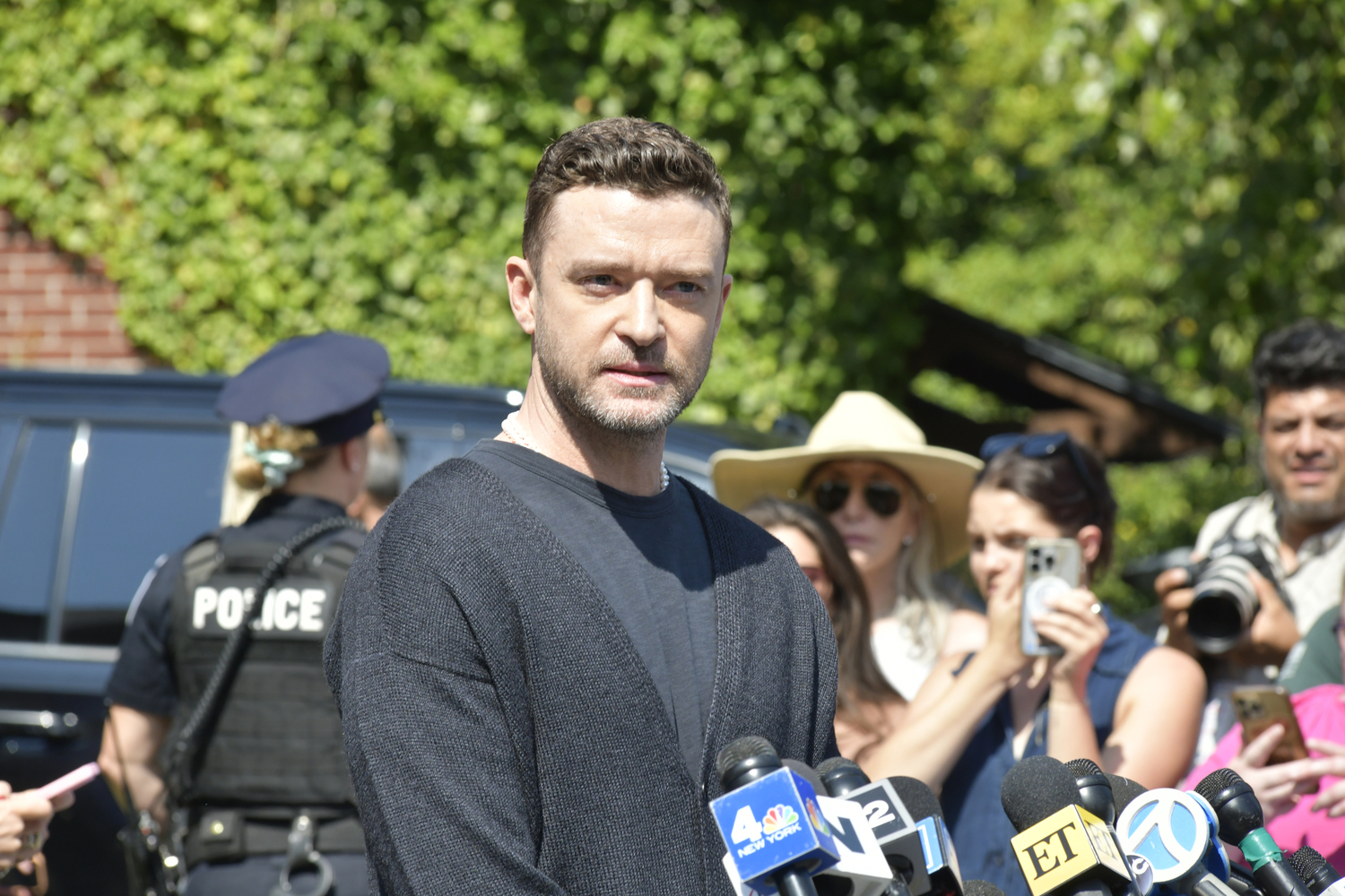 Justin Timberlake gives a statement to the media after his court appearance in Sag Harbor Justice Court on Friday morning.   DANA SHAW