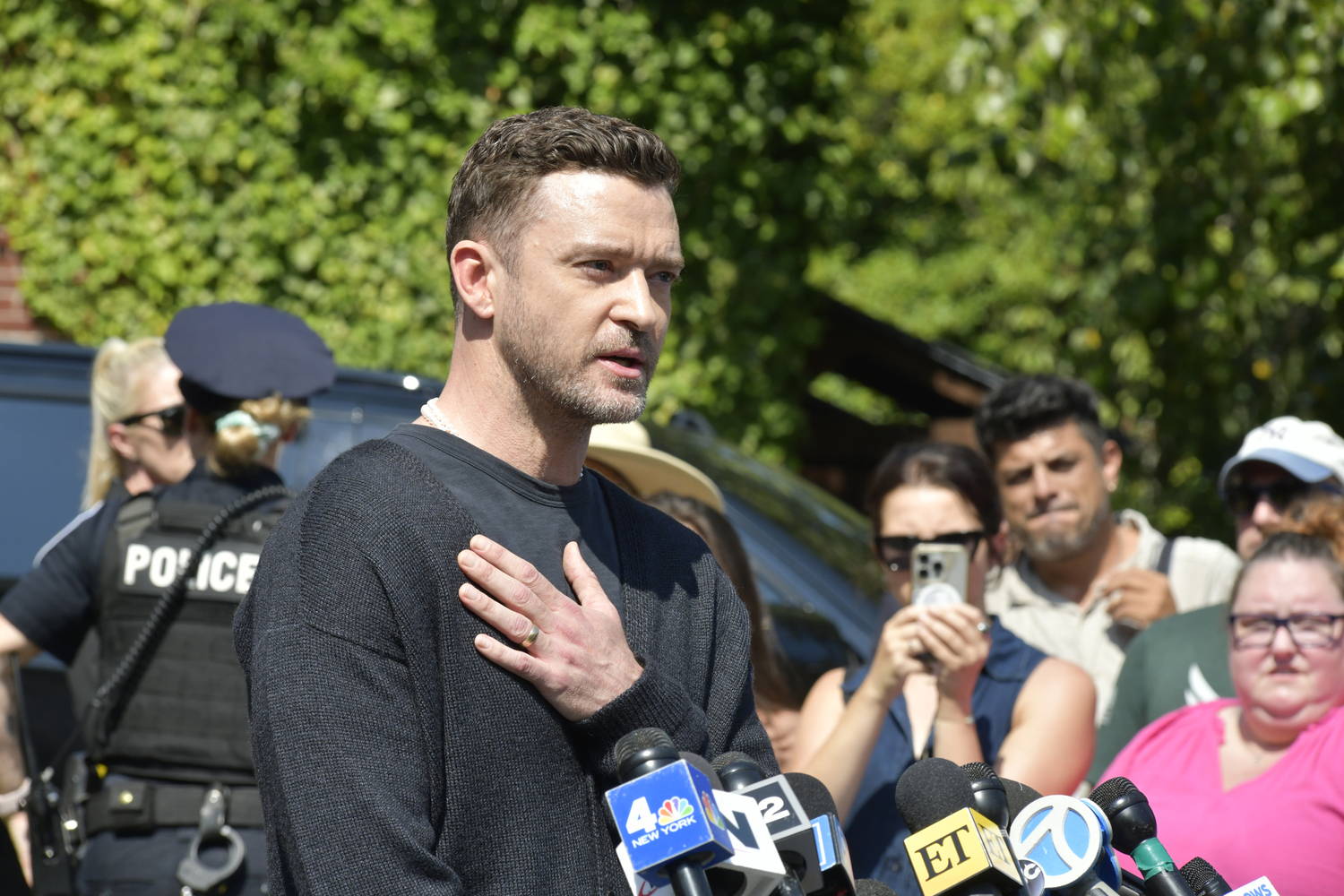 Justin Timberlake speaks to the media after his court appearance in Sag Harbor Justice Court on Friday morning.   DANA SHAW