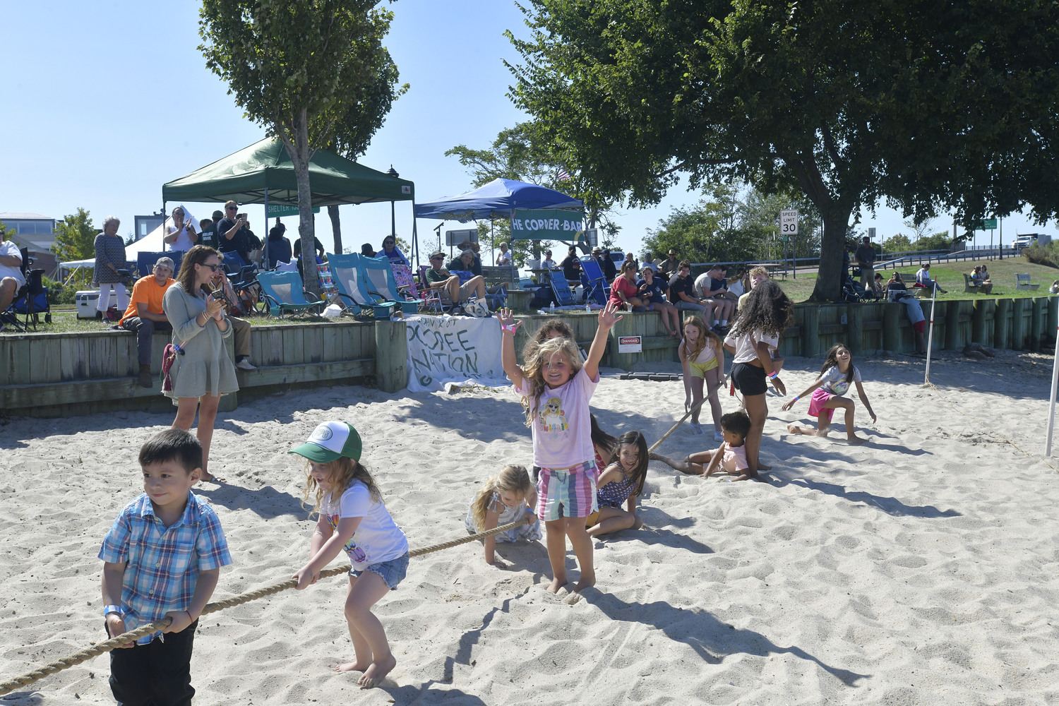 The children's tug-of-war at Windmill Beach on Sunday afternoon.  DANA SHAW