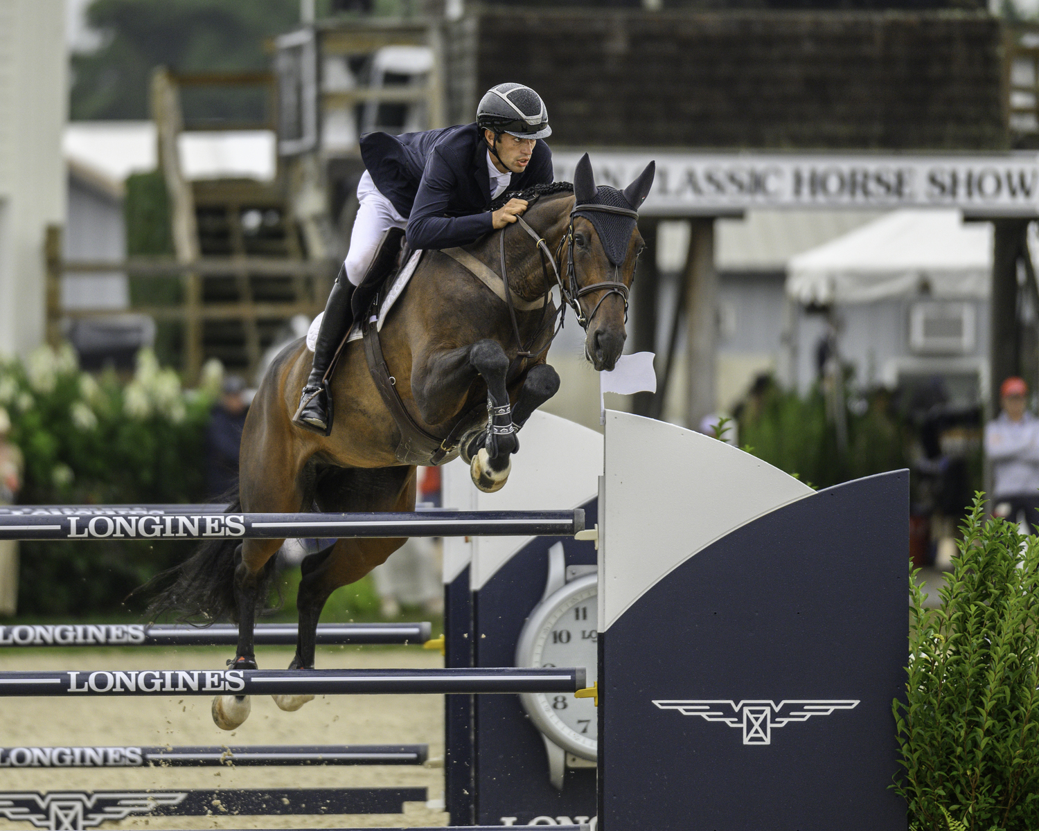 Rene Dittmer of Germany and his mount, Corsica X, rode double clear with a time of 37.55 seconds in the jump-off to win the $400,00 Hampton Classic Grand Prix. MARIANNE BARNETT