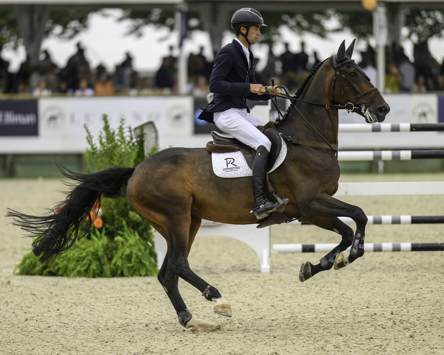 Rene Dittmer of Germany and his mount, Corsica X, rode double clear with a time of 37.55 seconds in the jump-off to win the $400,000 Hampton Classic Grand Prix. MARIANNE BARNETT