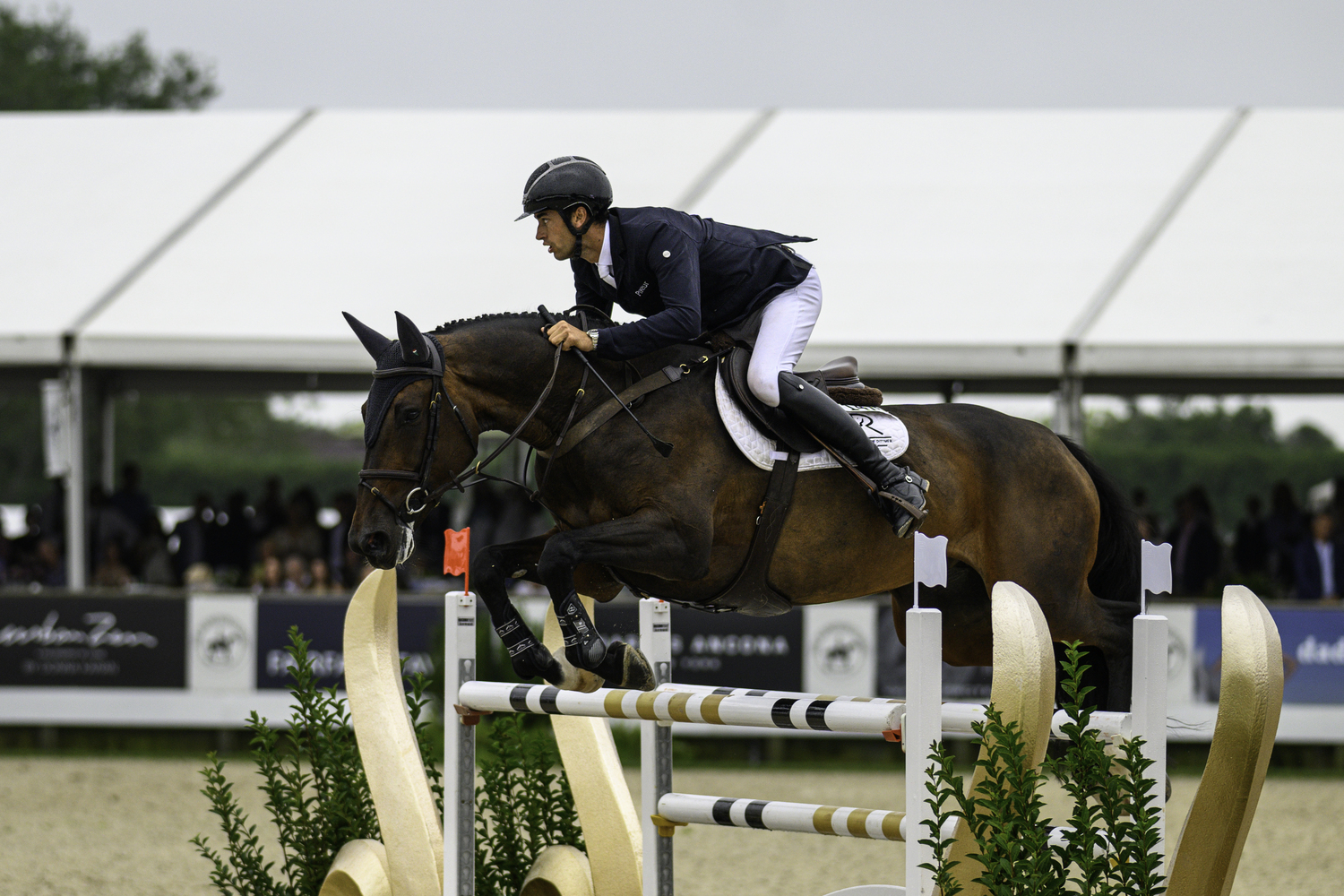 Rene Dittmer of Germany and his mount, Corsica X, rode double clear with a time of 37.55 seconds in the jump-off to win the $400,000 Hampton Classic Grand Prix. MARIANNE BARNETT