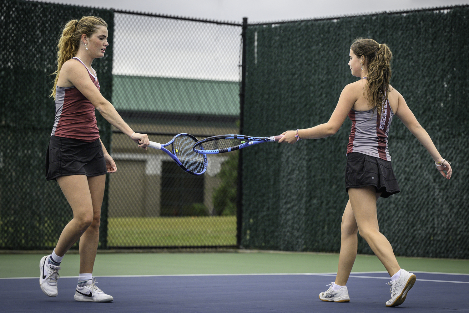 East Hampton senior Caleigh Barletta and junior Colleen McKee swept their Southampton opponents 6-0, 6-0 at first doubles. MARIANNE BARNETT