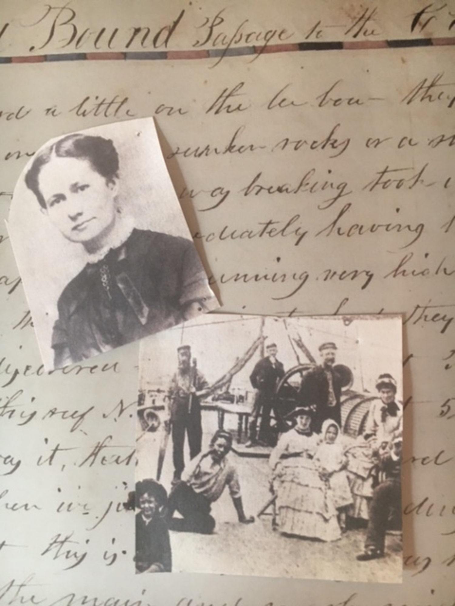 The playwright's idea board with a photo of Sag Harbor whaling wife Eliza Edwards, an entry from a woman’s journal and photograph of a different whaling family. COURTESY MARTHA PICHEY