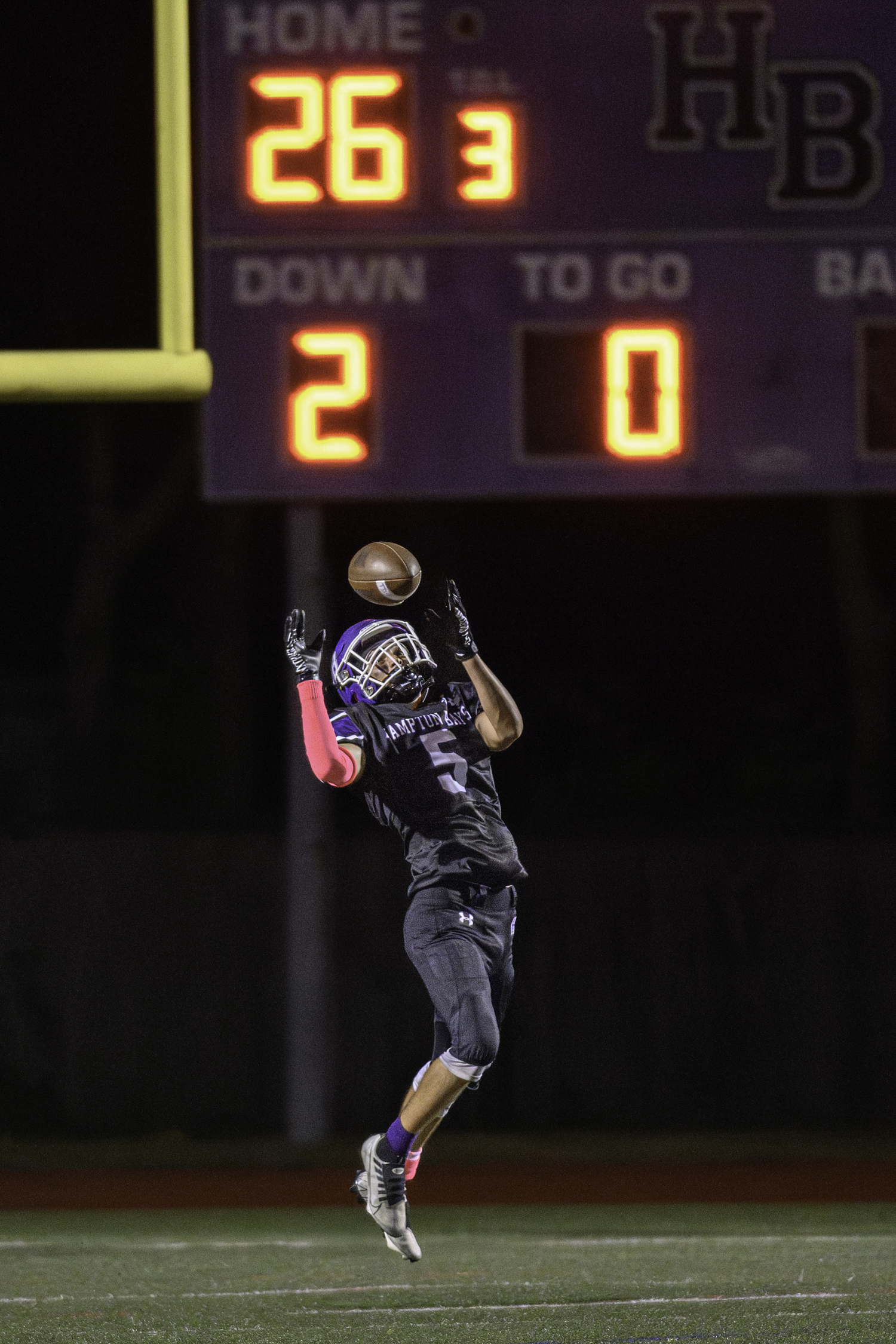 Hampton Bays senior Hunter Halsey intercepts a pass.   MARIANNE BARNETT