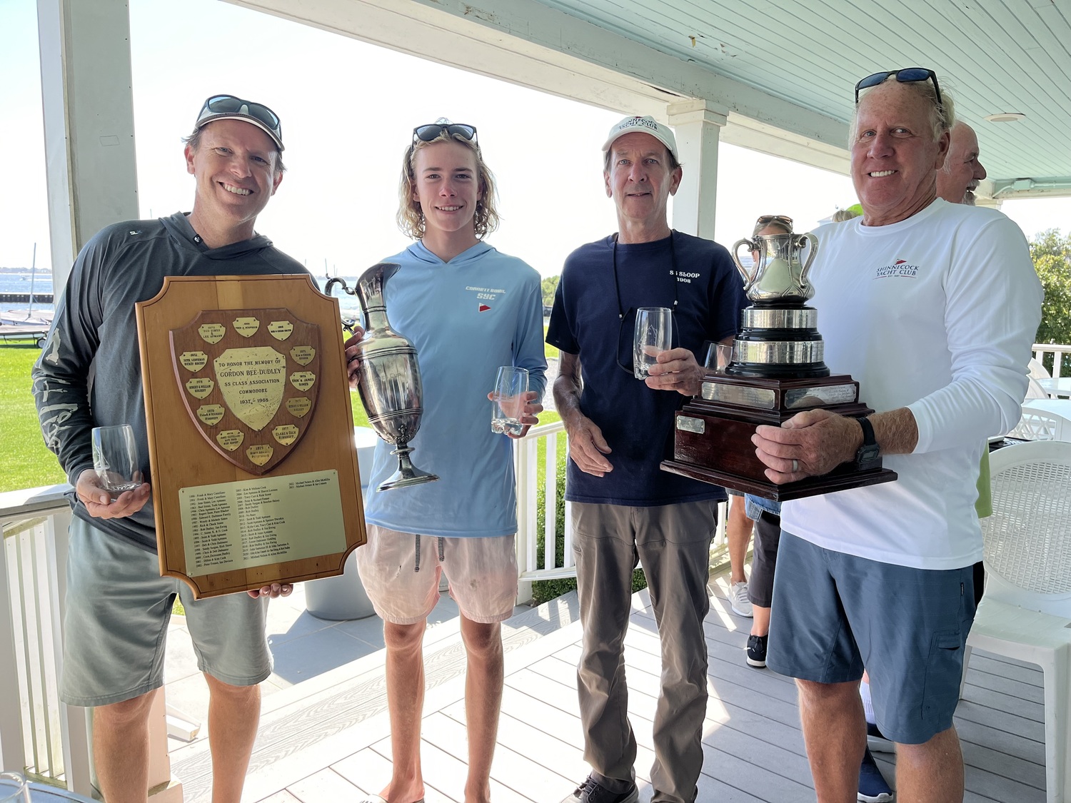 Michael Nelson, left, and Jayden Krauer-Nelson won the Dudley Trophy on Saturday, while Michael Boone and Fred Scopinich won the overall SS Class Association three-handled mug trophy.