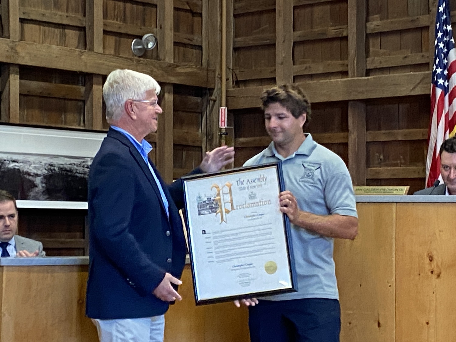 Assemblyman Fred W. Thiele Jr. congratulated Christopher Cinque for being named New York State Lifeguard of the Year. CHRISTOPHER WALSH