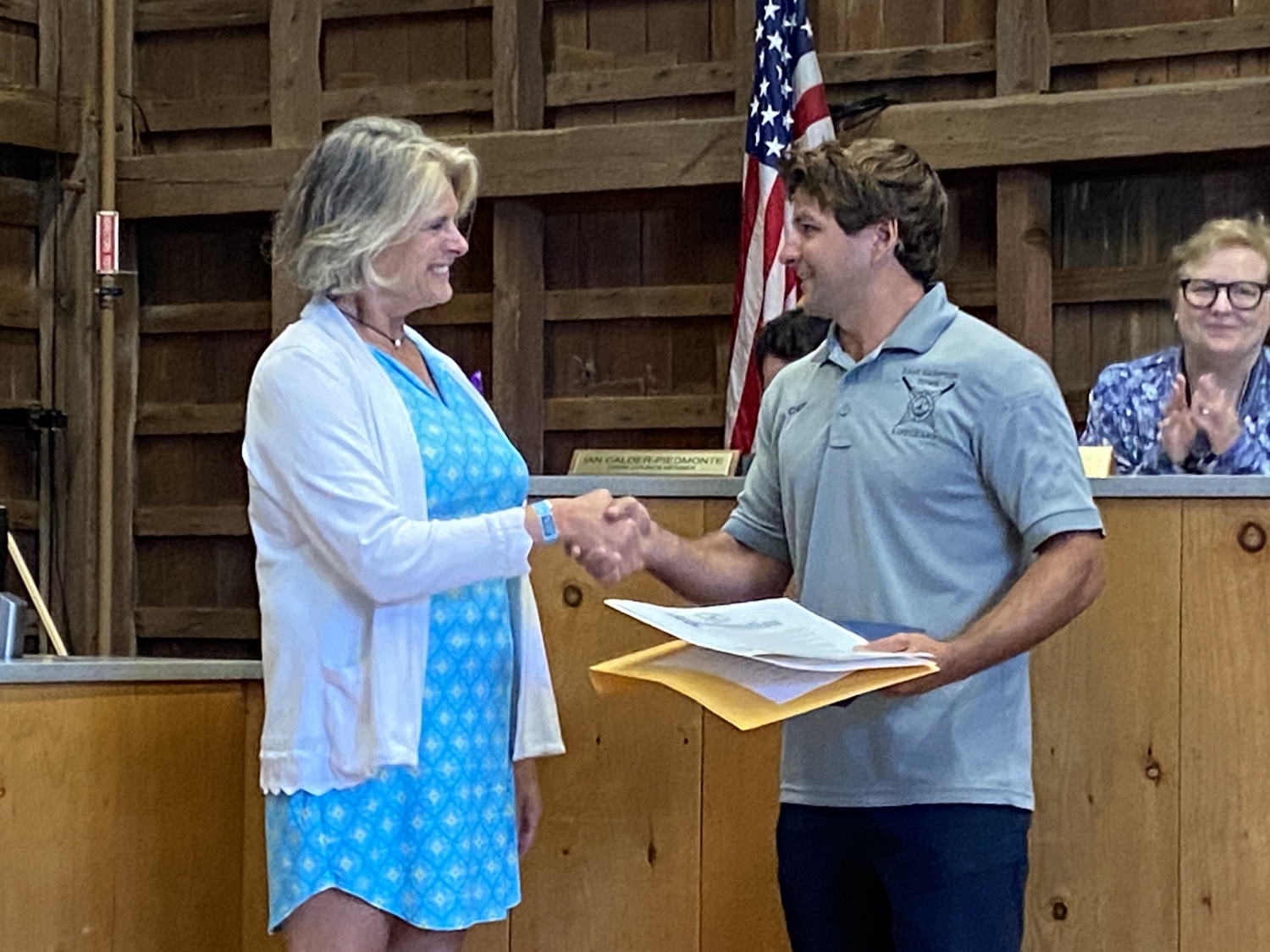 Suffolk County Legislator Ann Welker congratulated Christopher Cinque for being named New York State Lifeguard of the Year. CHRISTOPHER WALSH