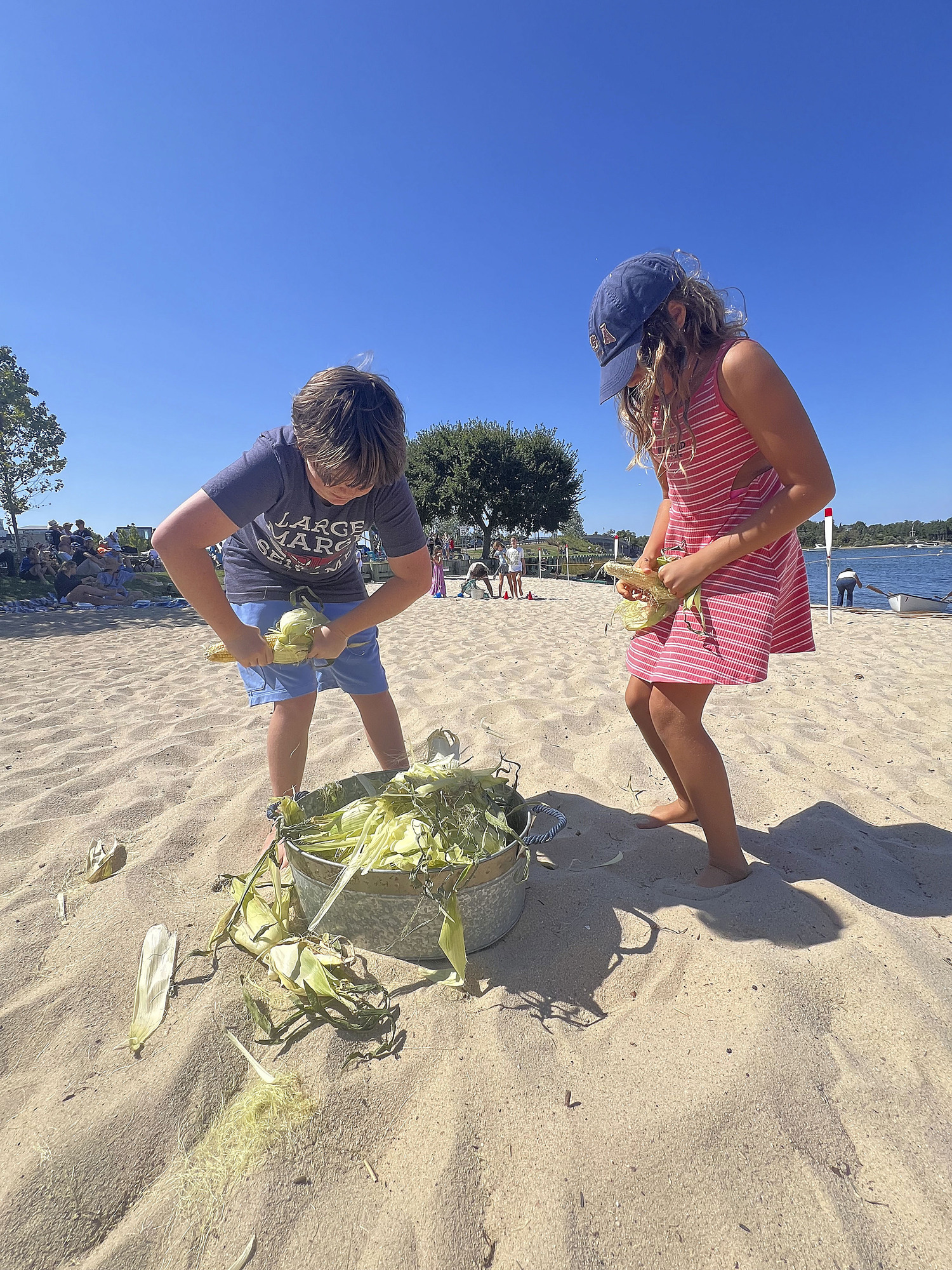 The children's corn shucking relay on Windmill Beach on Sunday afternoon.  DANA SHAW