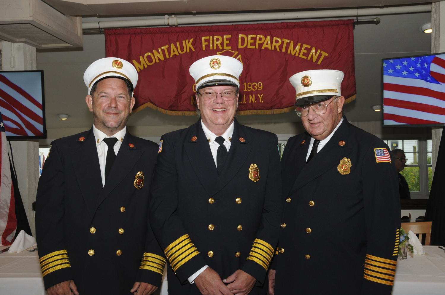 Montauk Fire Department: First Assistant Chief Peter Joyce, Jr, Chief Ken Glogg and Second Assistant Chief John McDonald at Gosman's Restaurant on Friday at the the Montauk Fire Department held their annual Inspection Dinner, to honor the 2023 outstanding Members for their special contributions. The three Chiefs presented awards for longevity of membership, Ambulance Member of the Year (Agnes Cindrich), Firefighter of the Year (Joe McDonald), Company of the Year (Ambulance Company No.4), the Chiefs Award (Dennis O'Reilly). Suffolk County Legislator Ann Welker presented a special Proclamation to Ambulance Company's Alan Burke for his lifetime of service to the Montauk Fire Department.   RICHARD LEWIN