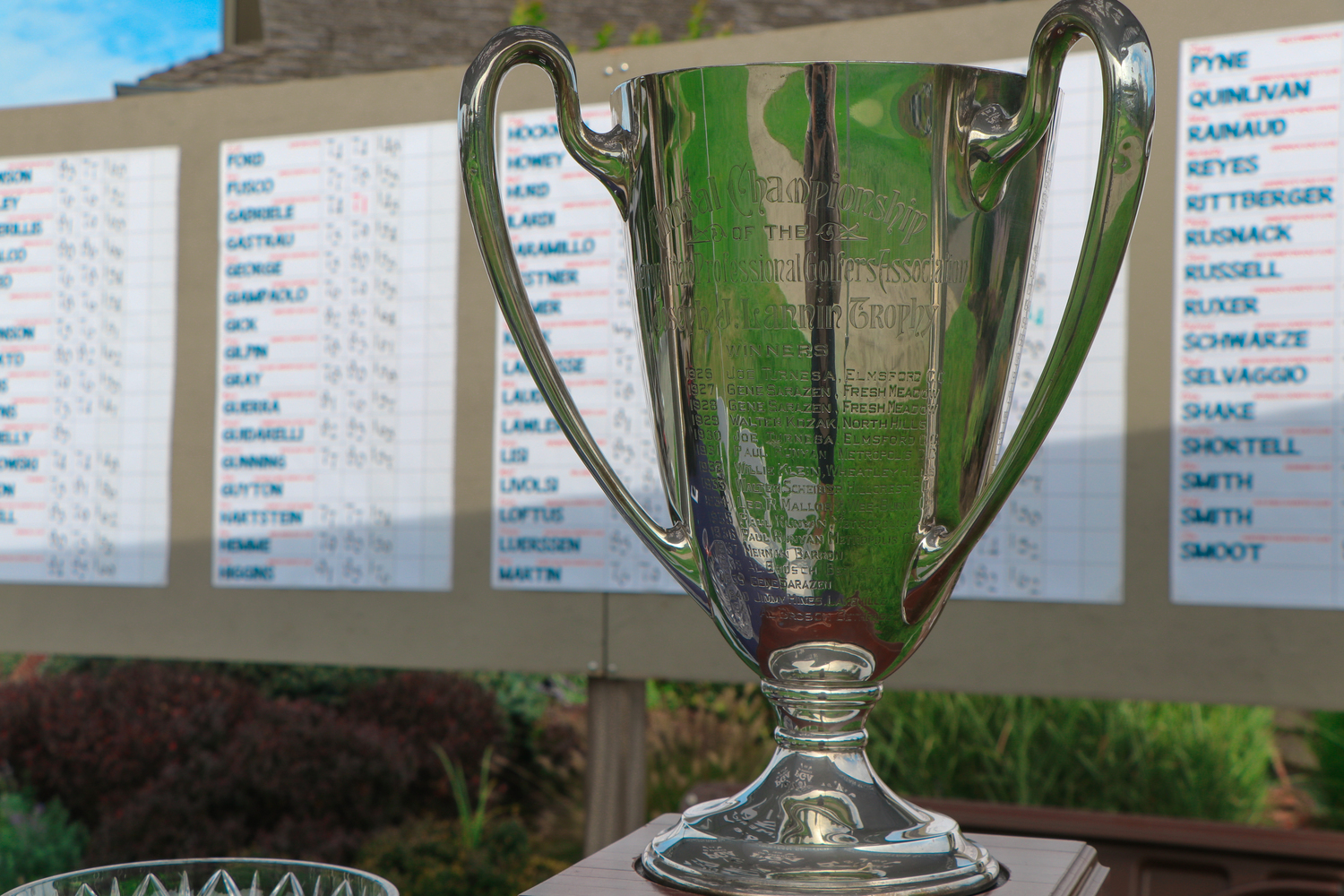 The Joseph J. Lannin trophy sits near the leaderboard at Noyac Golf Club.   COURTESY METROPOLITAN PGA