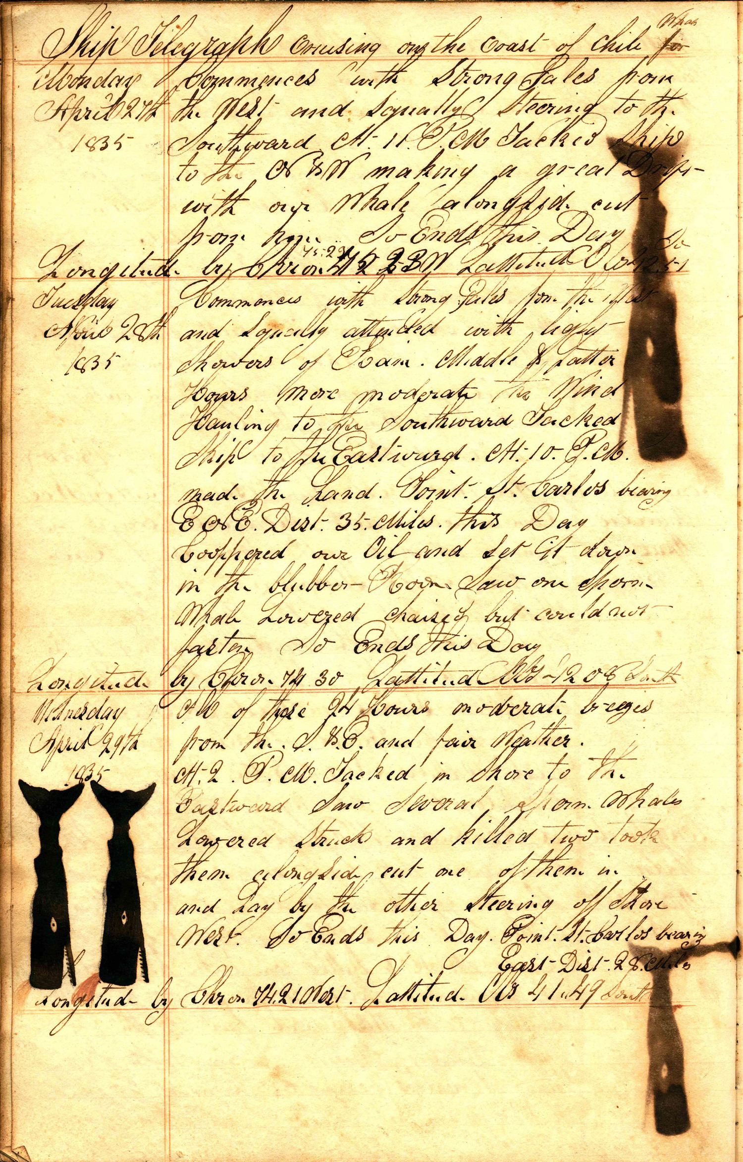 Page 45 from the Telegraph Whaling Log, 1834-1836. EAST HAMPTON LIBRARY, LONG ISLAND COLLECTION