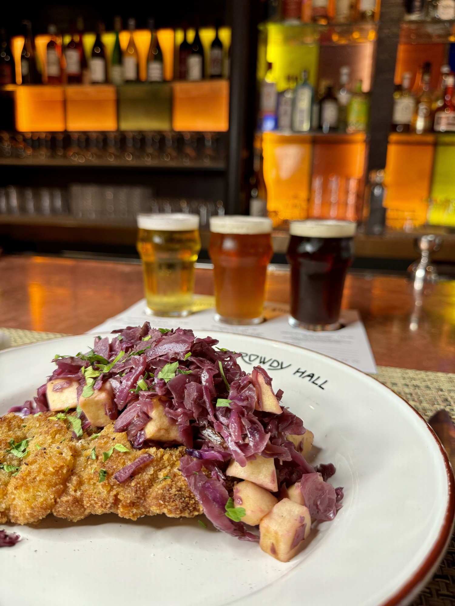 Weinerschnitzel and beer at Rowdy Hall. COURTESY ROWDY HALL