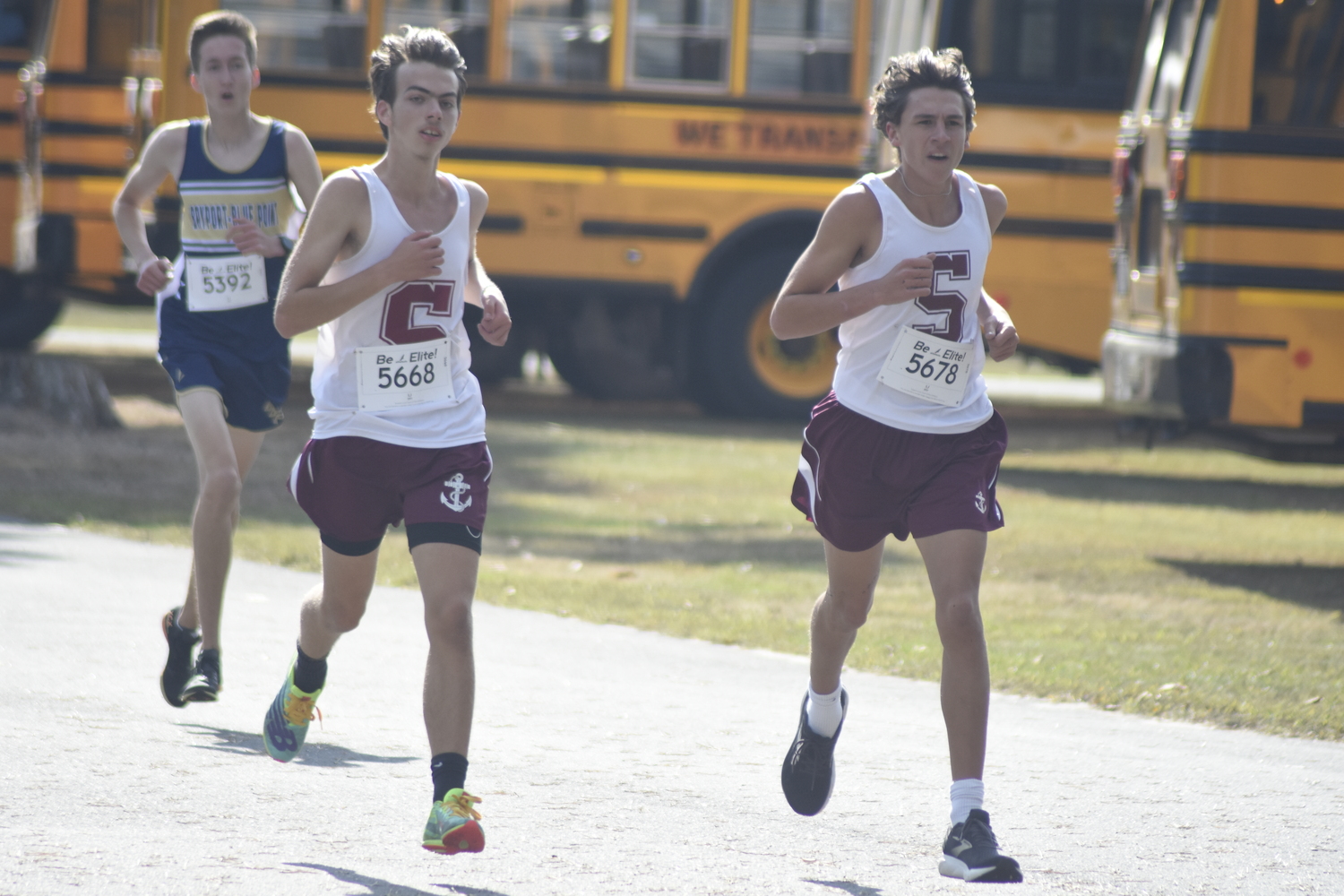 Southampton seniors Jakes Cook, left, and Tanner Marro in the boys varsity 'B' race on Saturday.  DREW BUDD