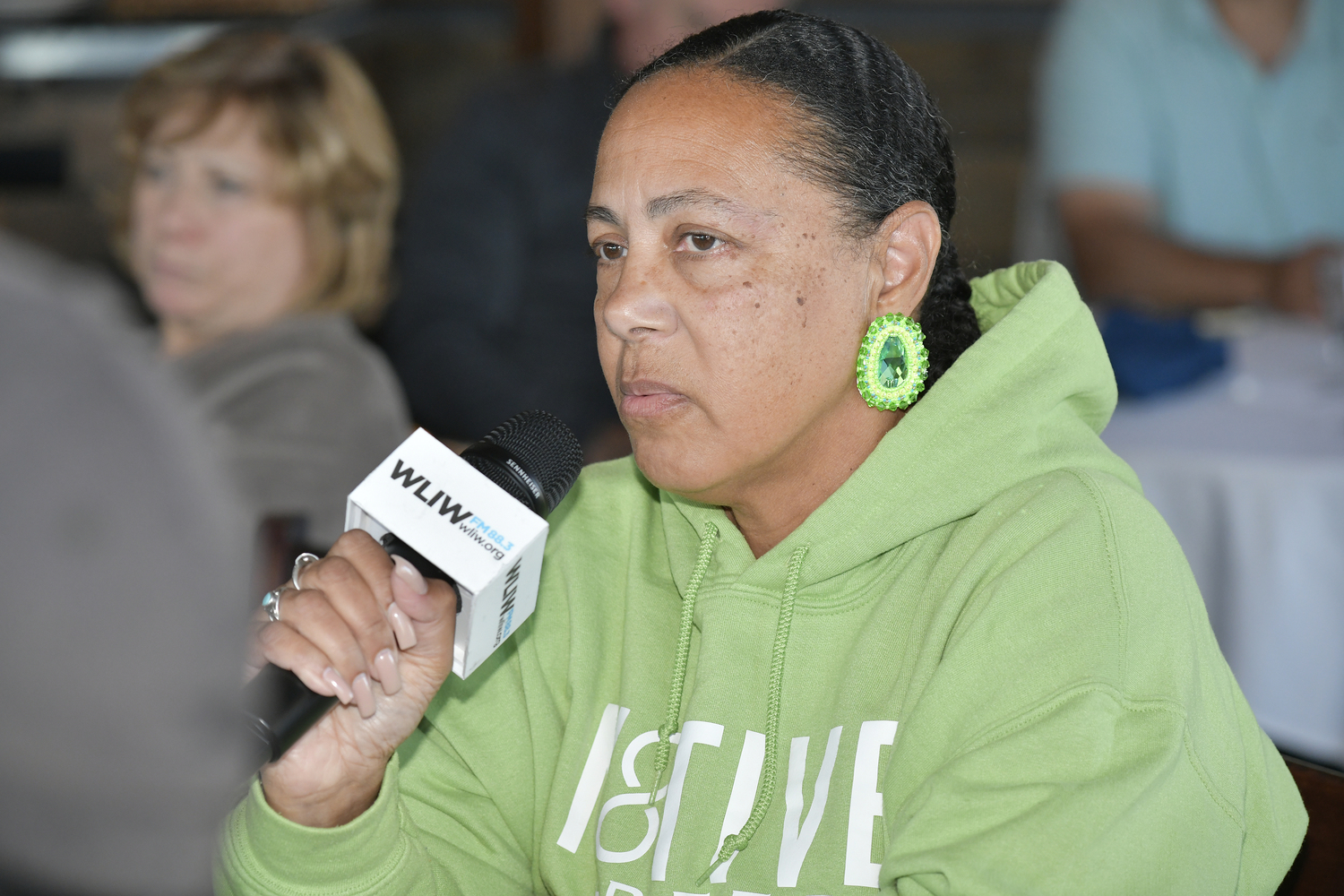 Shinnecock Council of Trustees Chairwoman Lisa Goree makes a point at the Express Session.  DANA SHAW