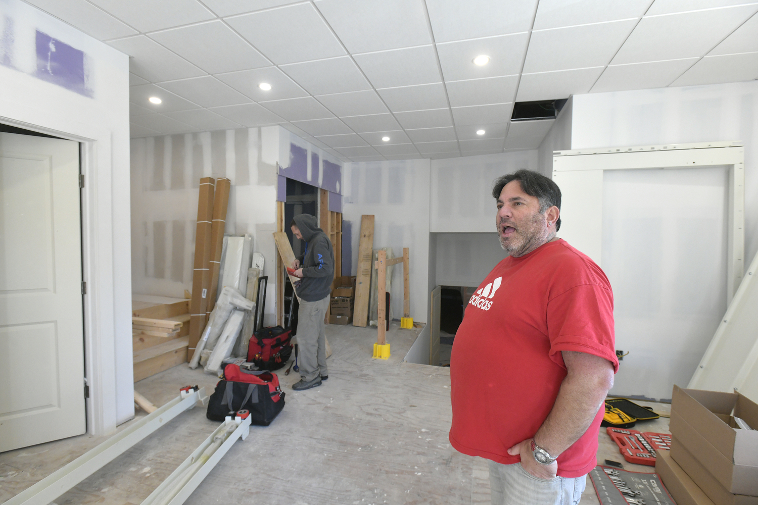 Hampton Bays American Legion Finance Officer David Agtsteribbe gives a tour of the work in progress.  DANA SHAW