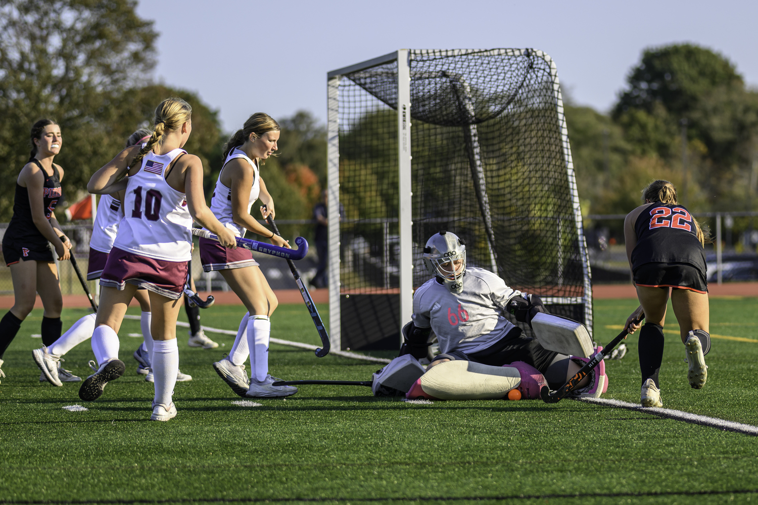 East Hampton junior goalie Caeleigh Schuster comes out to deny Pierson senior Bella Eldridge. MARIANNE BARNETT