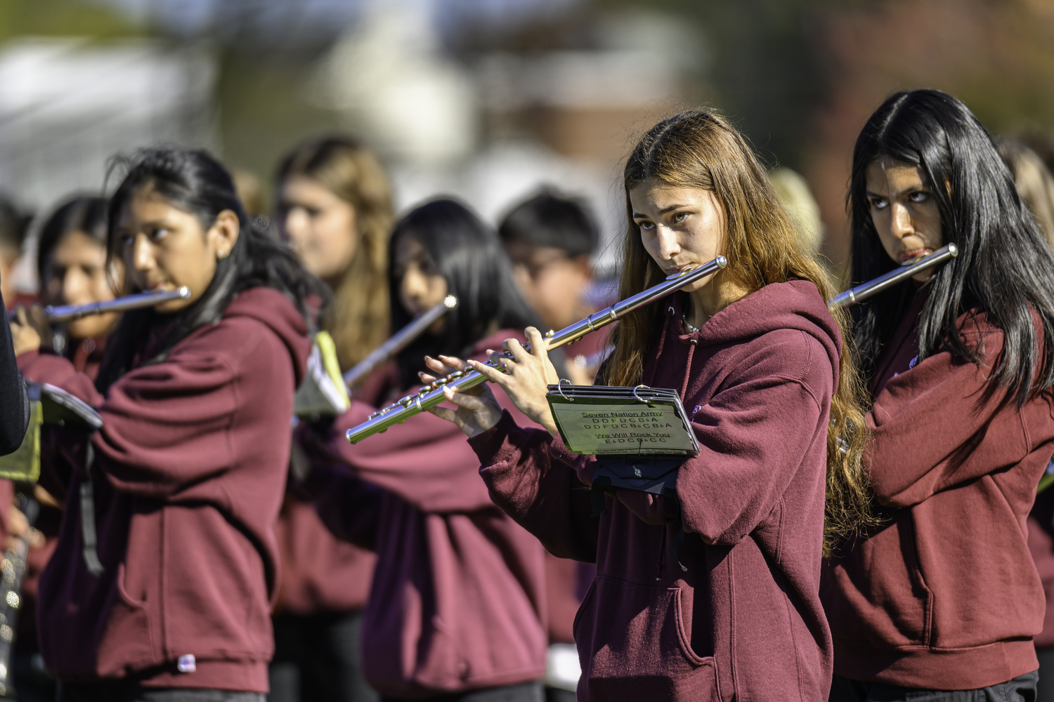 East Hampton High School's pep band plays at halftime of the football team's homecoming game at Herrick Park on Saturday afternoon.   RON ESPOSITO