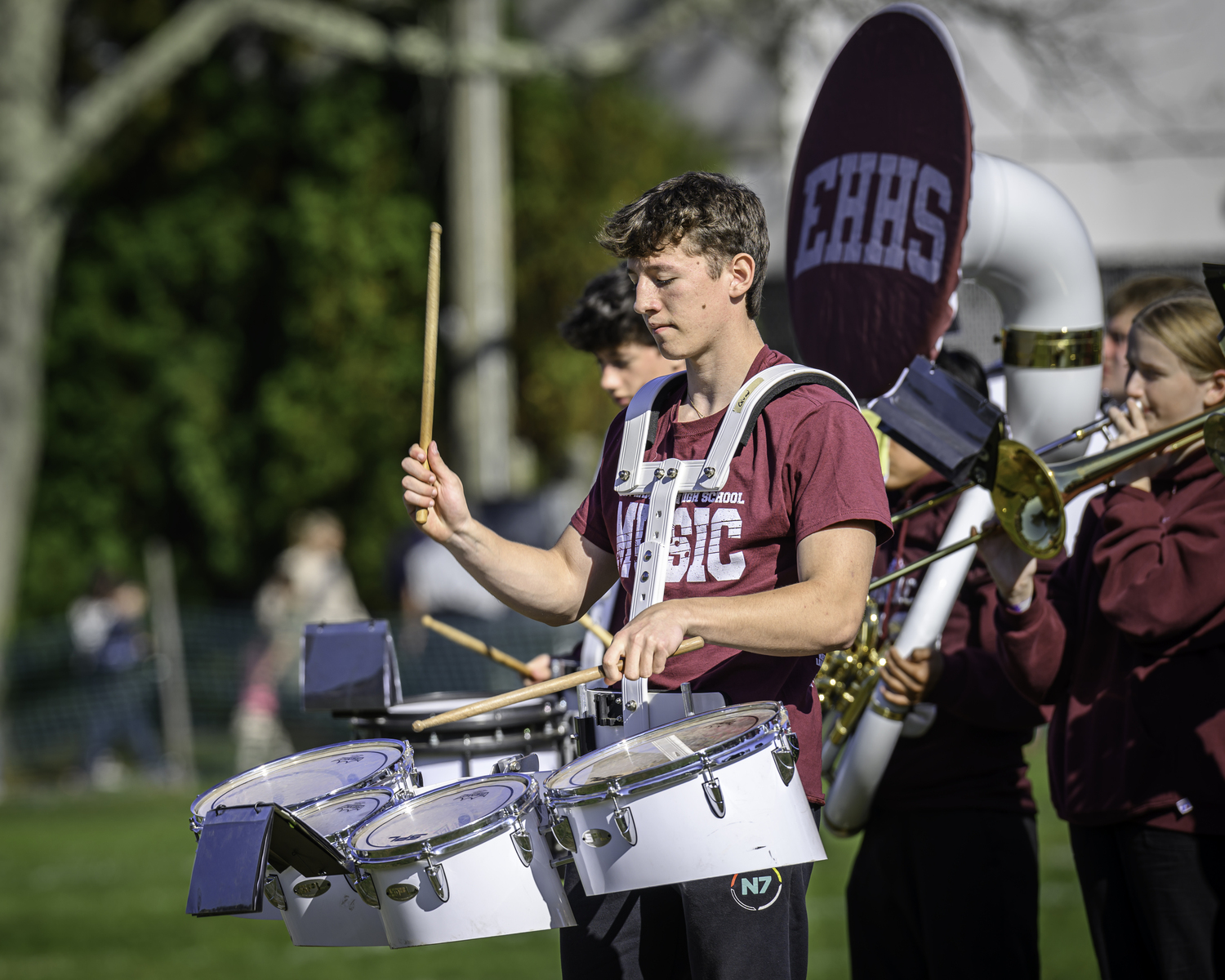 East Hampton High School's pep band plays at halftime of the football team's homecoming game at Herrick Park on Saturday afternoon.   RON ESPOSITO