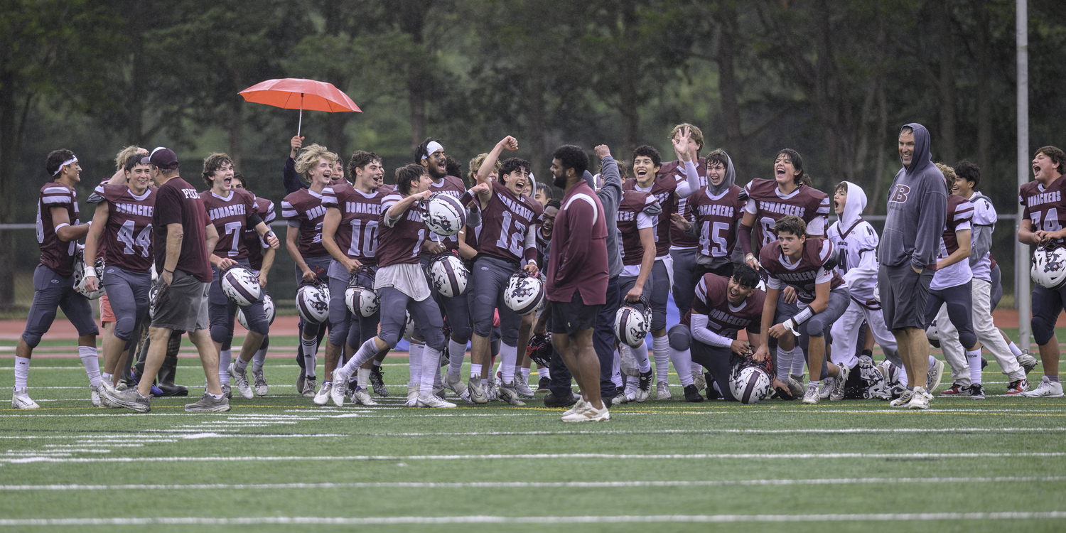 The Bonackers are pumped up after their 47-7 victory over Kings Park on Saturday afternoon.  MARIANNE BARNETT