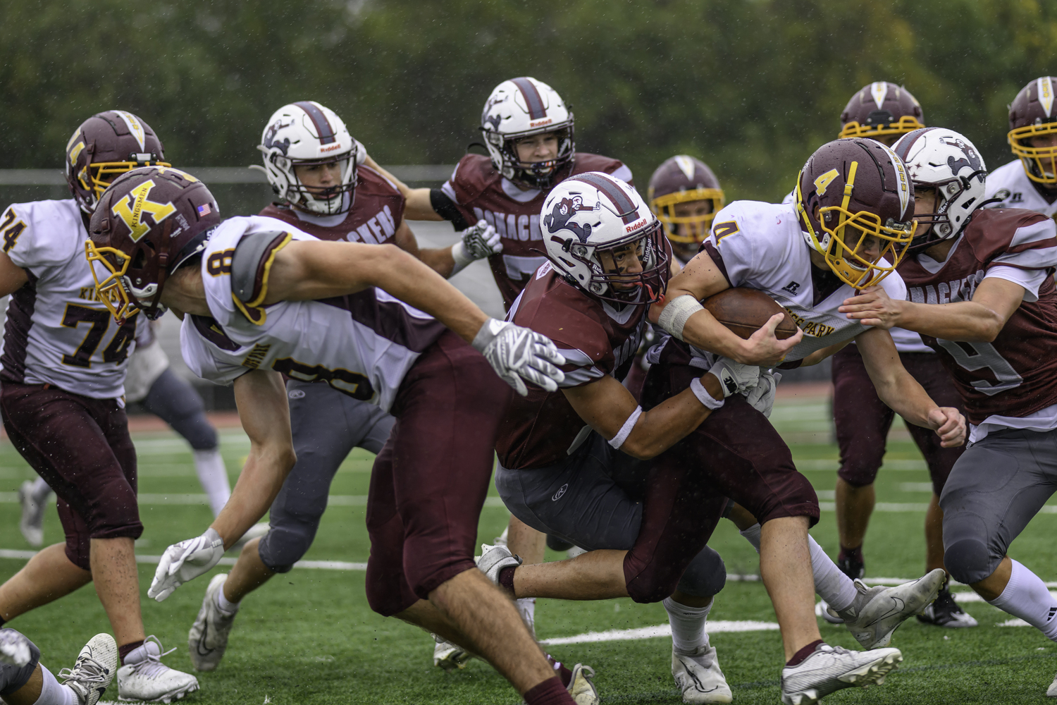 Bridgehampton junior Alex Davis tackles a Kings Park player.   MARIANNE BARNETT