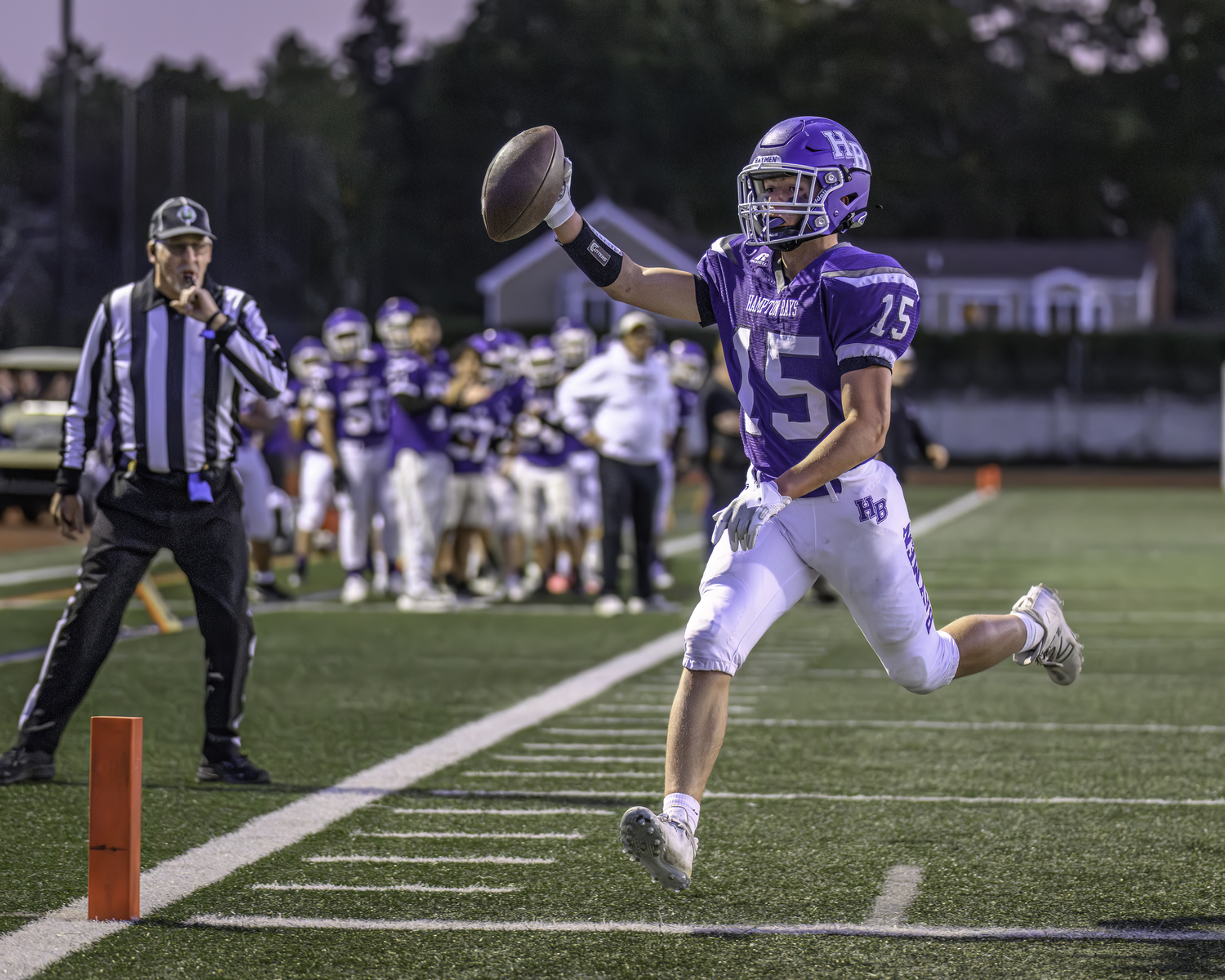 Hampton Bays sophomore Brayden Talmage crosses the goal line for a 2-point conversion.  MARIANNE BARNETT