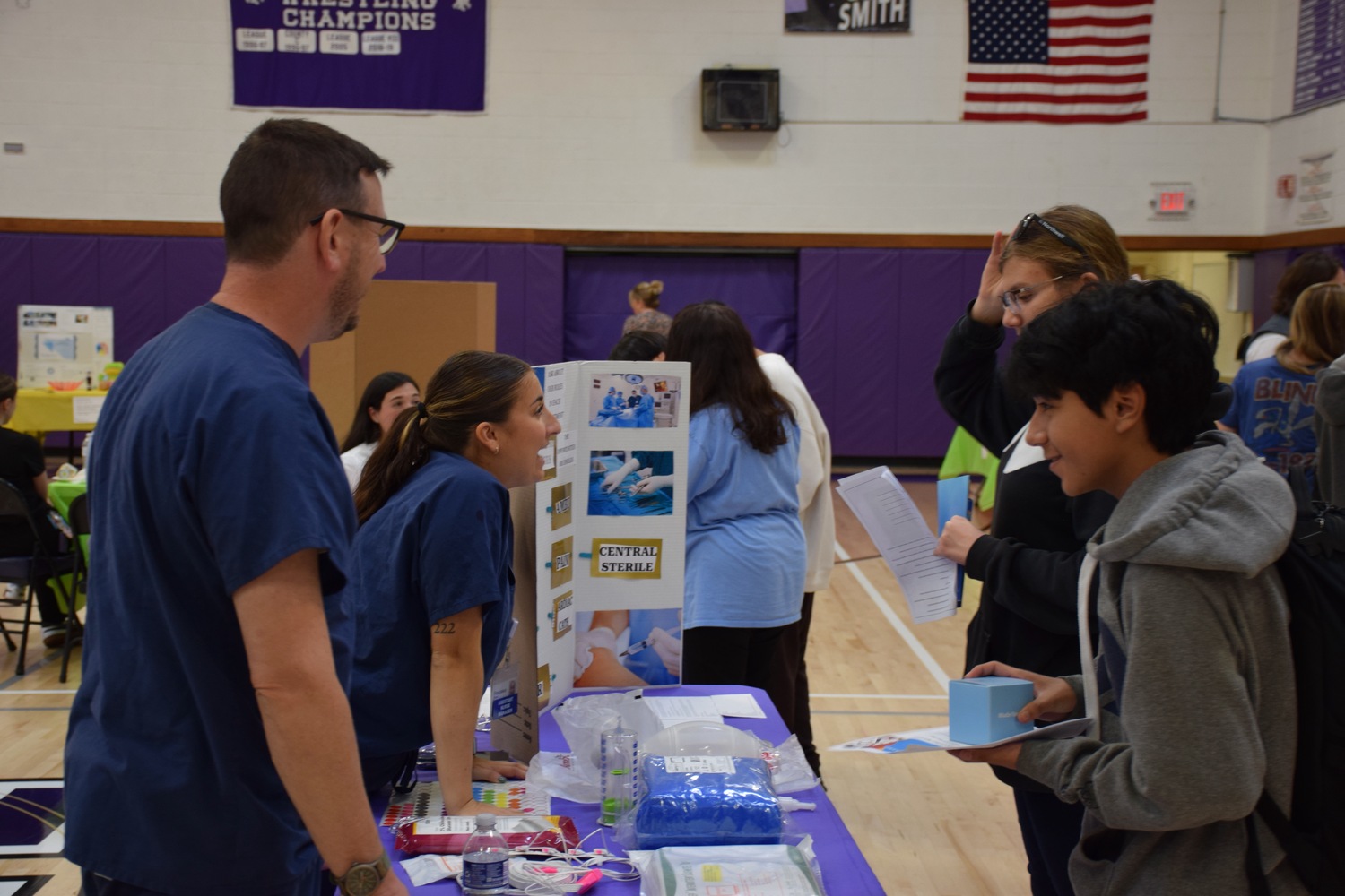 The Hampton Bays School District partnered
with Northwell Health to showcase careers in health care as part of a Northwell Health
Career Day. Students explored disciplines such as nursing, emergency medical services,
orthopedics, neurosurgery and health care marketing by speaking to professionals in the
field. The event also included hands-on activities and speakers. COURTESY HAMPTON BAYS SCHOOL DISTRICT