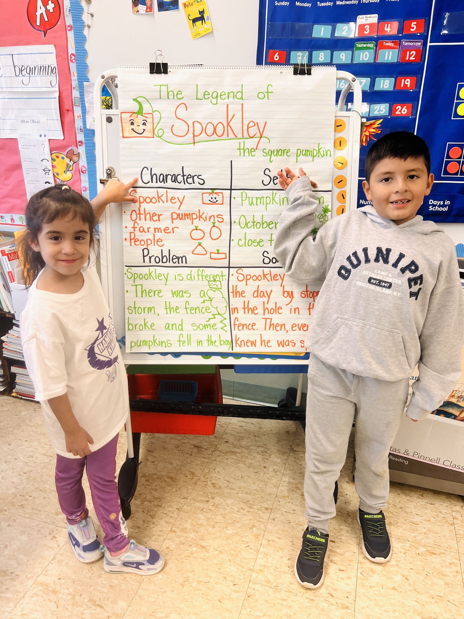 Hampton Bays Elementary School first grade students in Krista Savino's and Liz Scott's class learned that being different is a beautiful thing following a reading of “The
Legend of Spookley the Square Pumpkin” by Joe Troiano. As part of the lesson, the students discussed story elements, including setting, characters, problems and solutions. They also created their own paper Spookley pumpkins.  Leon Paredes, left, and Adrian Puglla Villacis with their creations. COURTESY HAMPTON BAYS SCHOOL DISTRICT