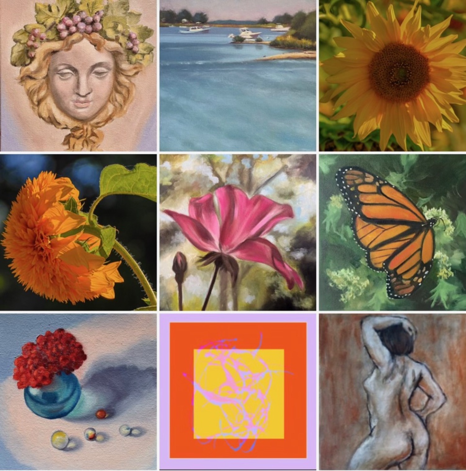 A selection of artwork by members of the Southampton Artists Association (SAA) which hosts a fundraising art exhibition at Southampton Cultural Center beginning October 26 to benefit Heart of the Hamptons. COURTESY THE ARTISTS