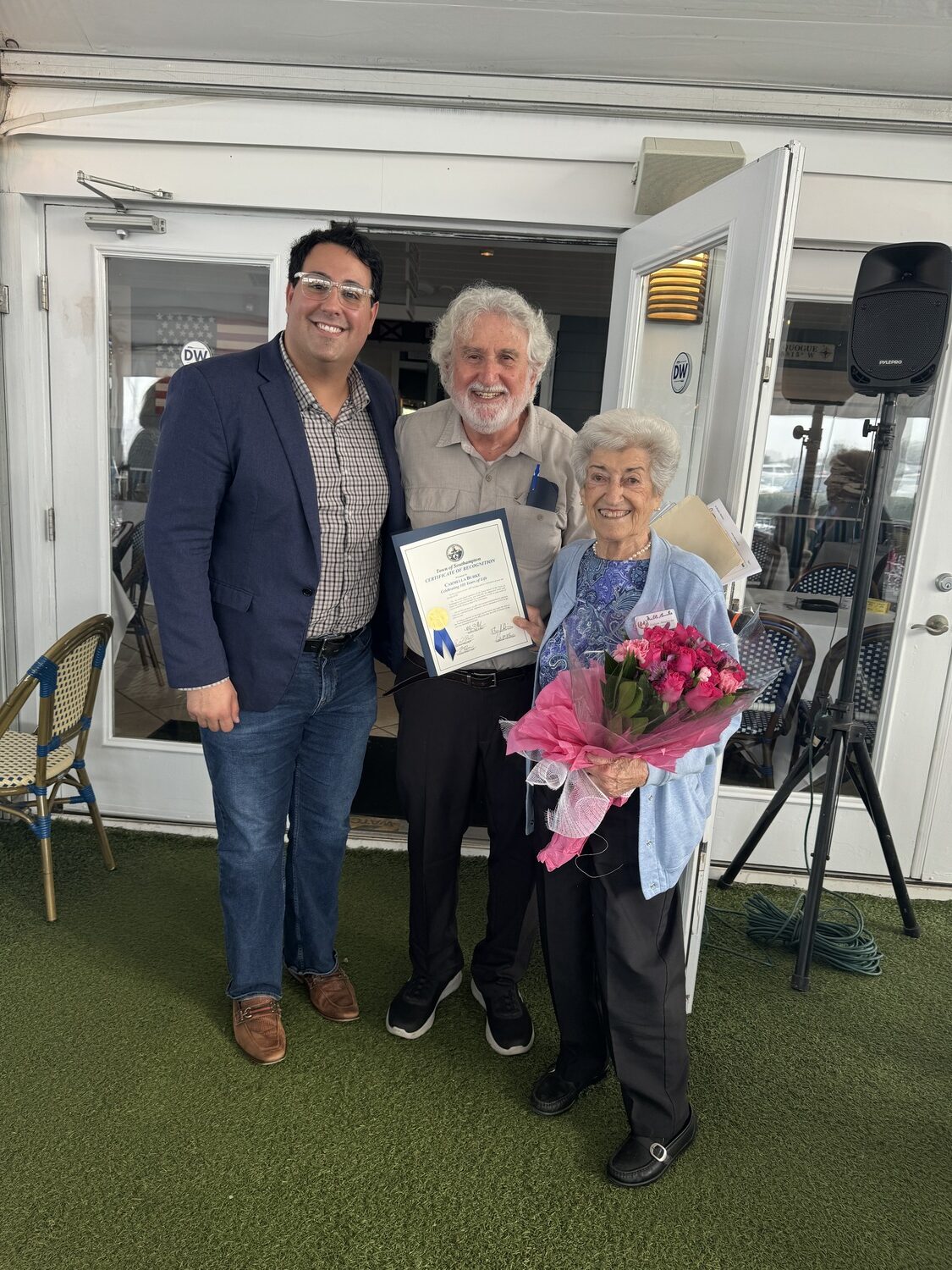 The Italian American Assoc. of the Hamptons gathered for its annual luncheon at Dockers Waterside in East Quogue recently at which the organization honored Carmela Burke, whose 100th birthday is October 24, as the Italian American of the Year. Burke is an to be active member of the community, giving time to civic organizations and as a poll worker. She also has a mean card game.