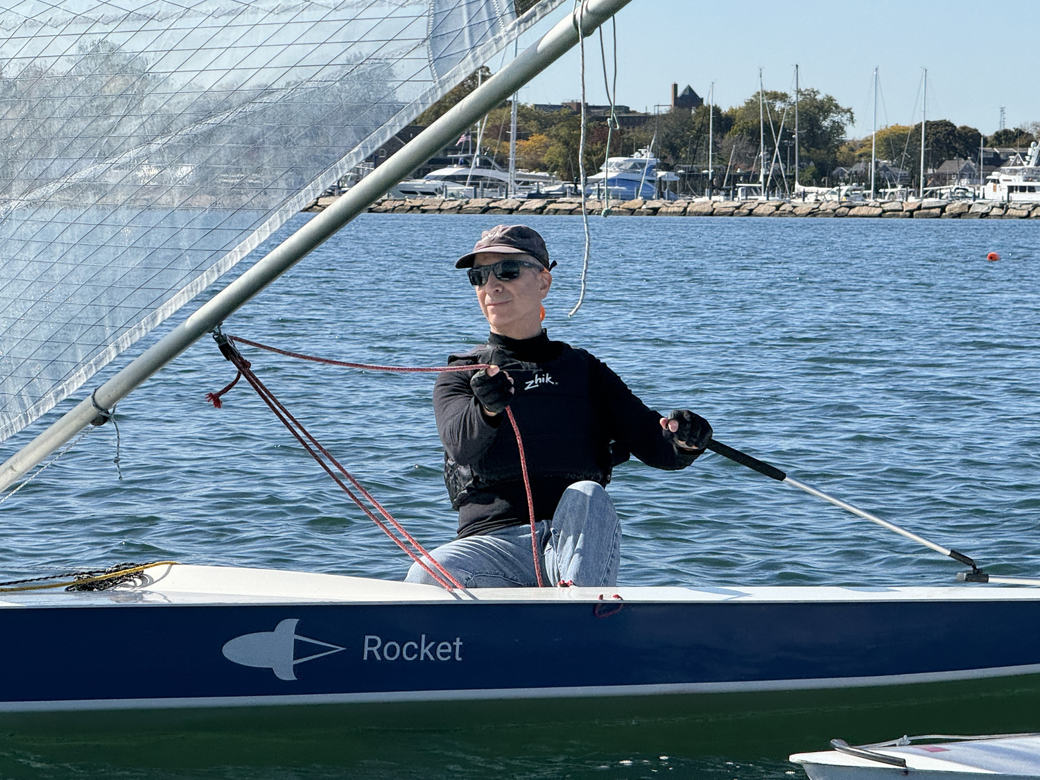 Jim Merrell sheeting in his sail after rounding the gibe mark. MICHAEL MELLA