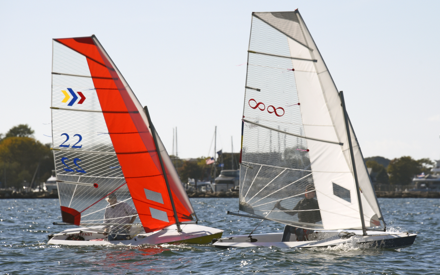 Close-hauled, Scott Sandell, left, working his way up to windward of James Merrell.   MICHAEL MELLA