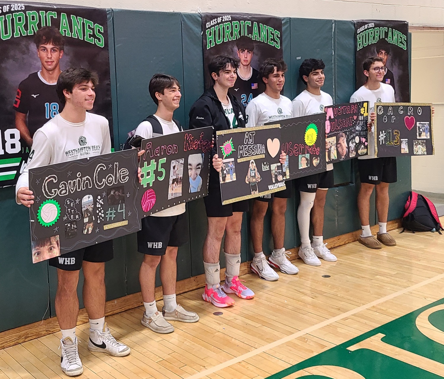 The Westhampton Beach boys volleyball team hosted its Senior Night on Thursday, October 24, when it defeated Walt Whitman, 3-1, to secure the second seed in the Suffolk County Division II playoffs. From left are seniors Gavin Cole, Aaron Kiefer, A.J. Messina, James Monserrate, Mustafa Gulson and Giancarlo Volpe.   JASON COLE