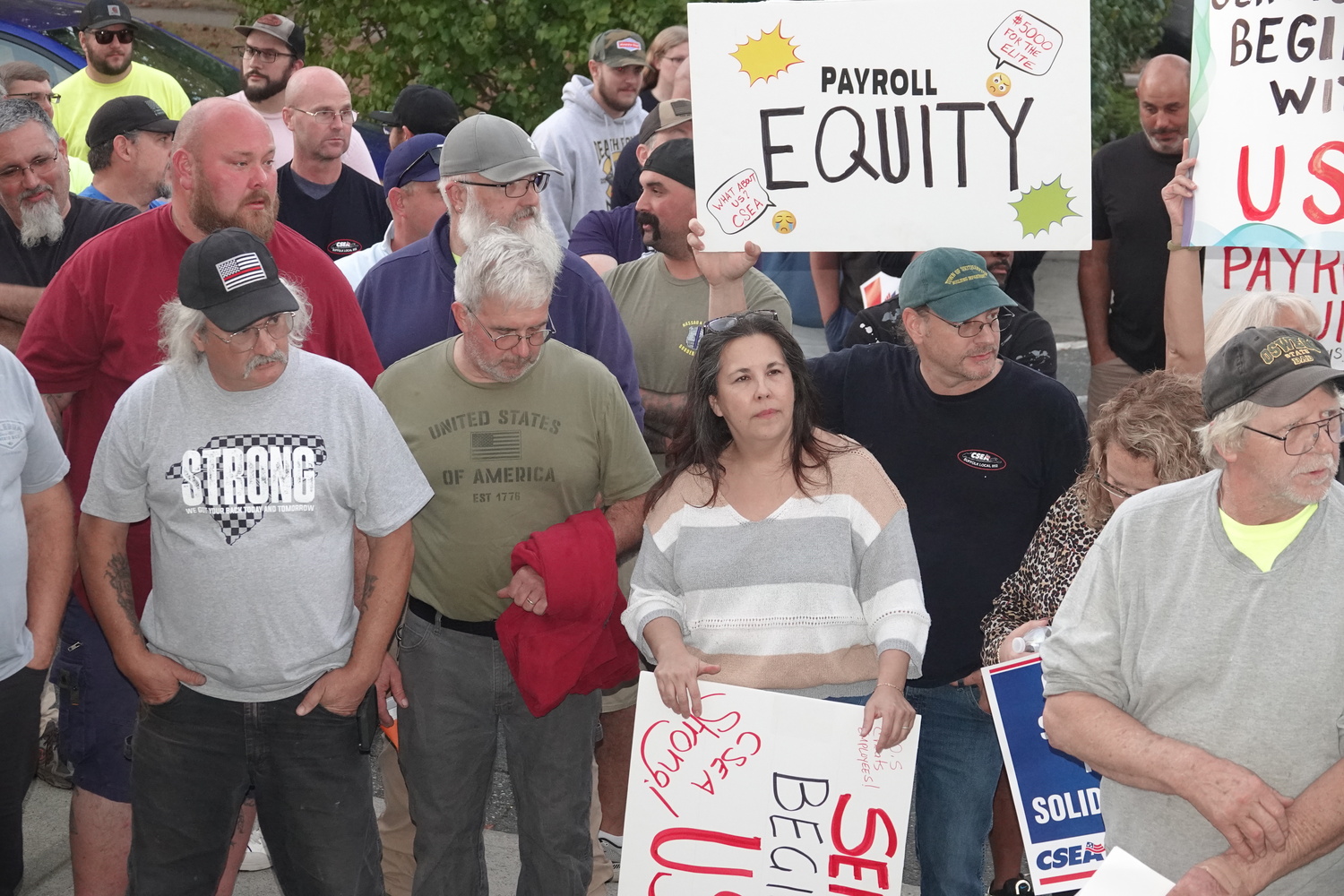 Members of Southampton Town's Civil Service union, the CSEA, protested Supervisor Maria Moore's decision to give raises to non-union employees in the 2025 budget, while union workers will only receive the raises they are guaranteed in the current union budget. The workers said Moore said she should have given them additional raises. Moore said she plans to address union salary levels when the next union contract is negotiated next year. MICHAEL WRIGHT
