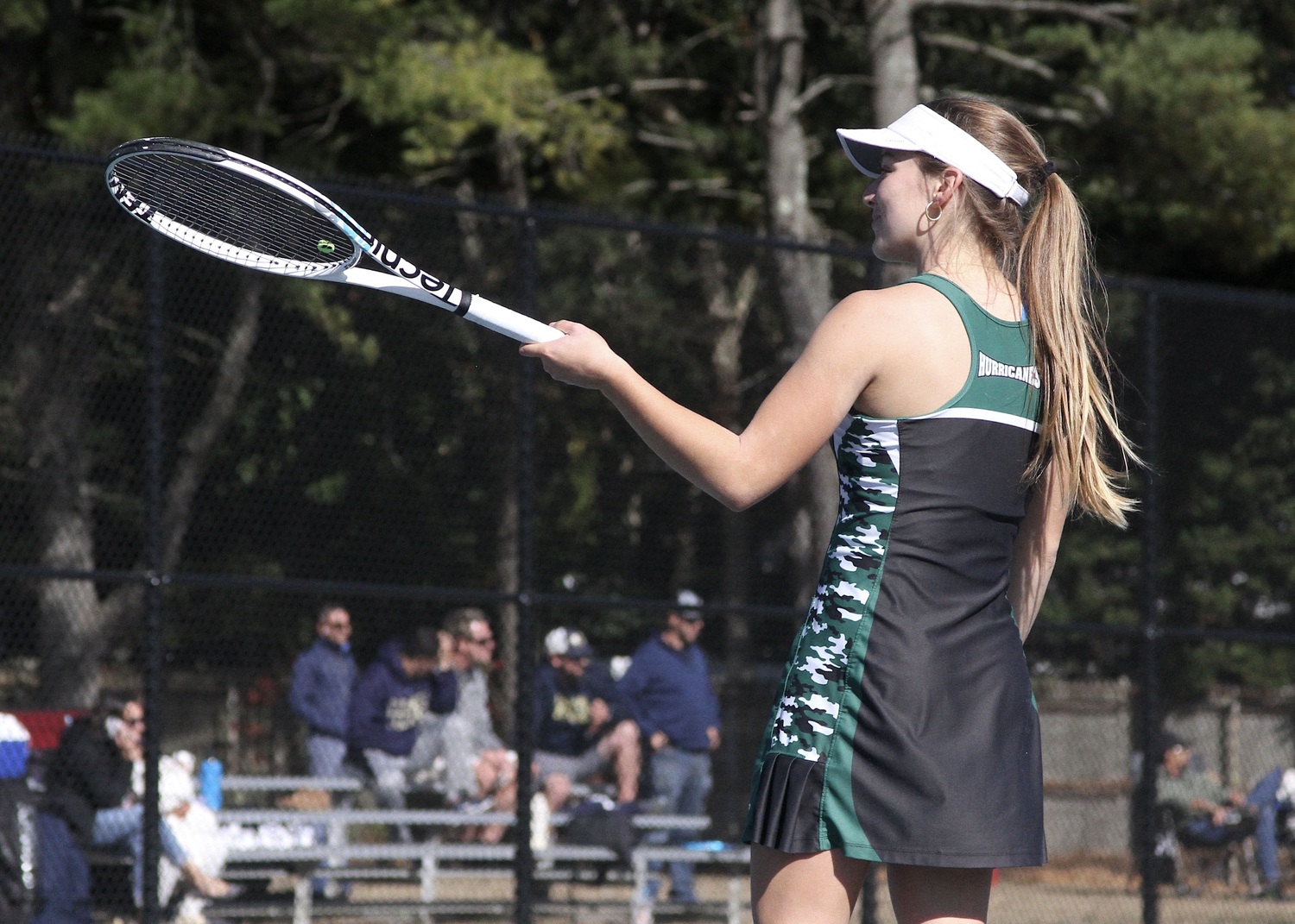 Senior Matilda Buchen points to her doubles partner, Ava Borruso, after the freshman earned a point in the Suffolk County semifinals match. DESIRÉE KEEGAN