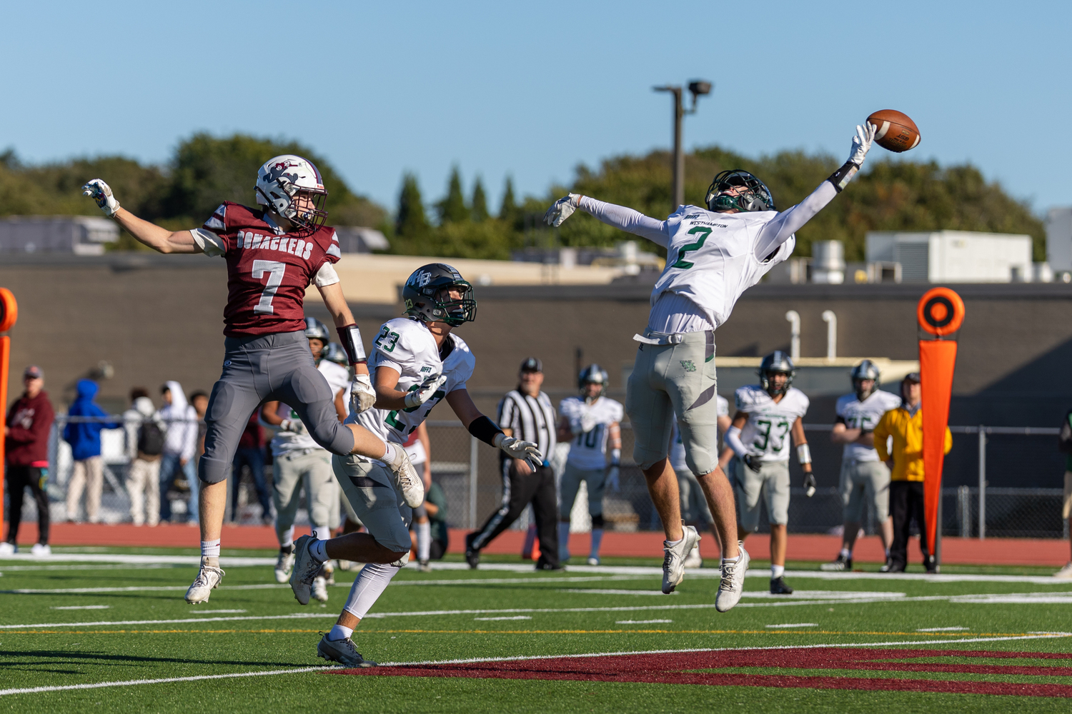 Westhampton Beach senior Finn Drake nearly intercepts an errant pass meant for East Hampton junior Livs Kuplins.   RON ESPOSITO