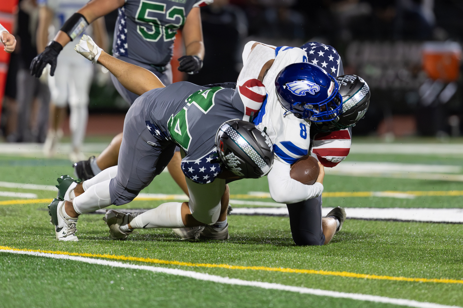 Senior middle linebacker Aidan Arrasate makes a tackle. RON ESPOSITO