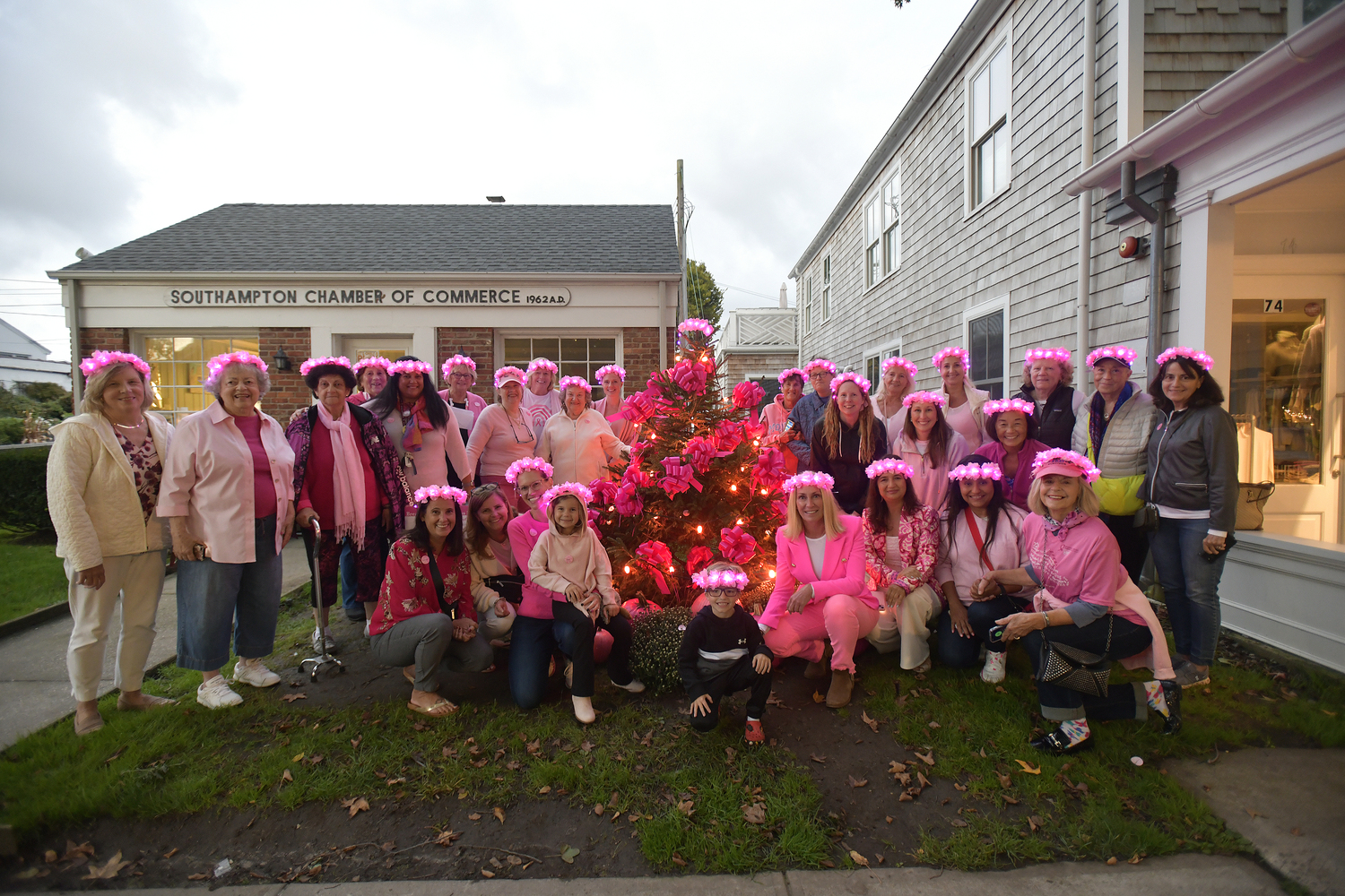 The pink tree was lighted at the Southampton Chamber of Commerce on October 1, marking the beginning of 