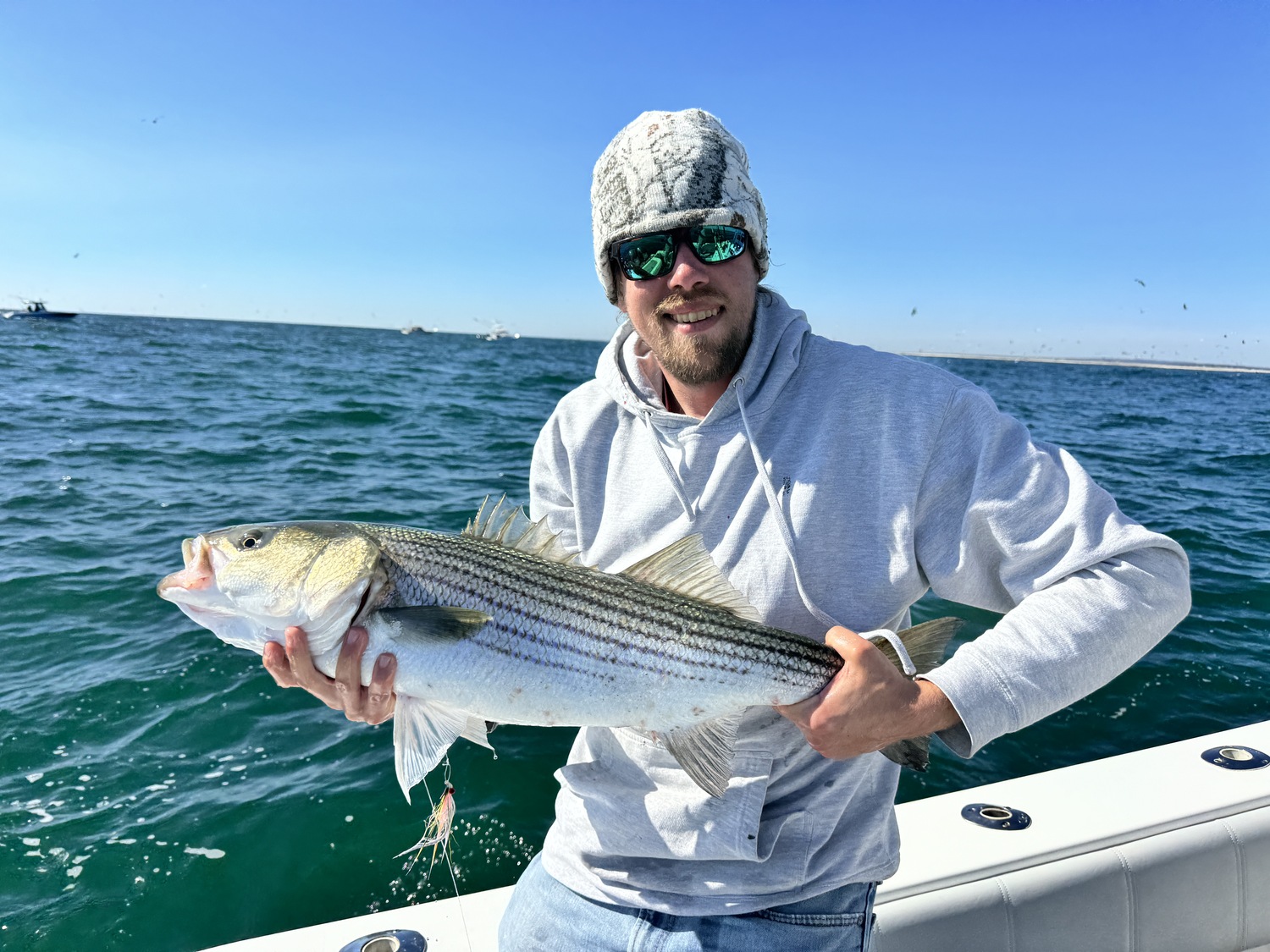 Fly tying master Mike Ozayka fooled this nice striped bass with one of his sandeel imitations.