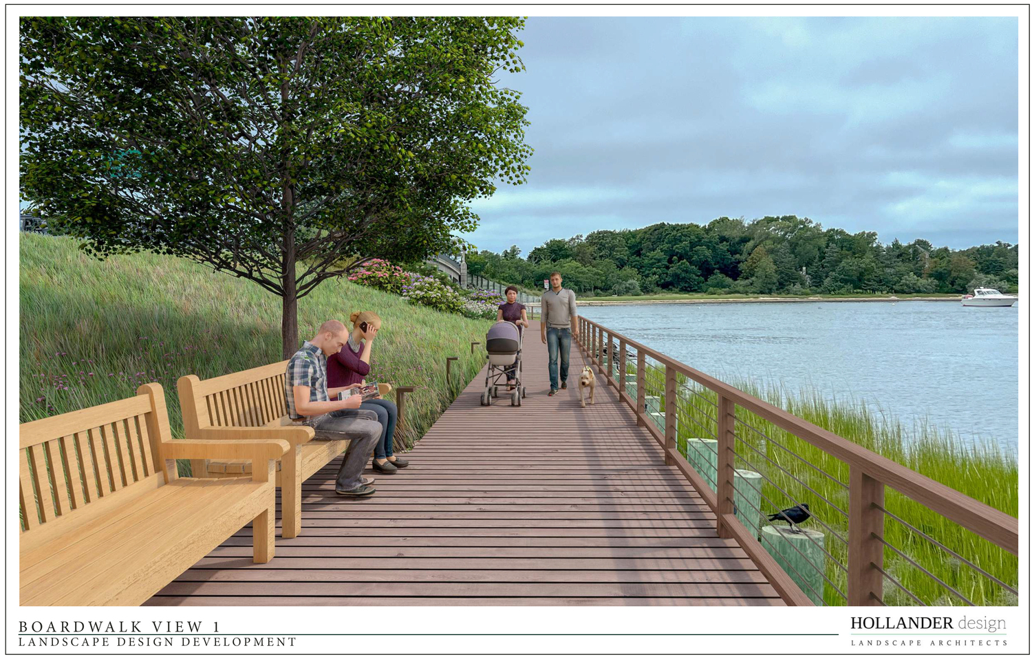 Renderings of the proposed walkway connecting John Steinbeck Waterfront Park and Windmill Beach in Sag Harbor. COURTESY HOLLANDER DESIGN