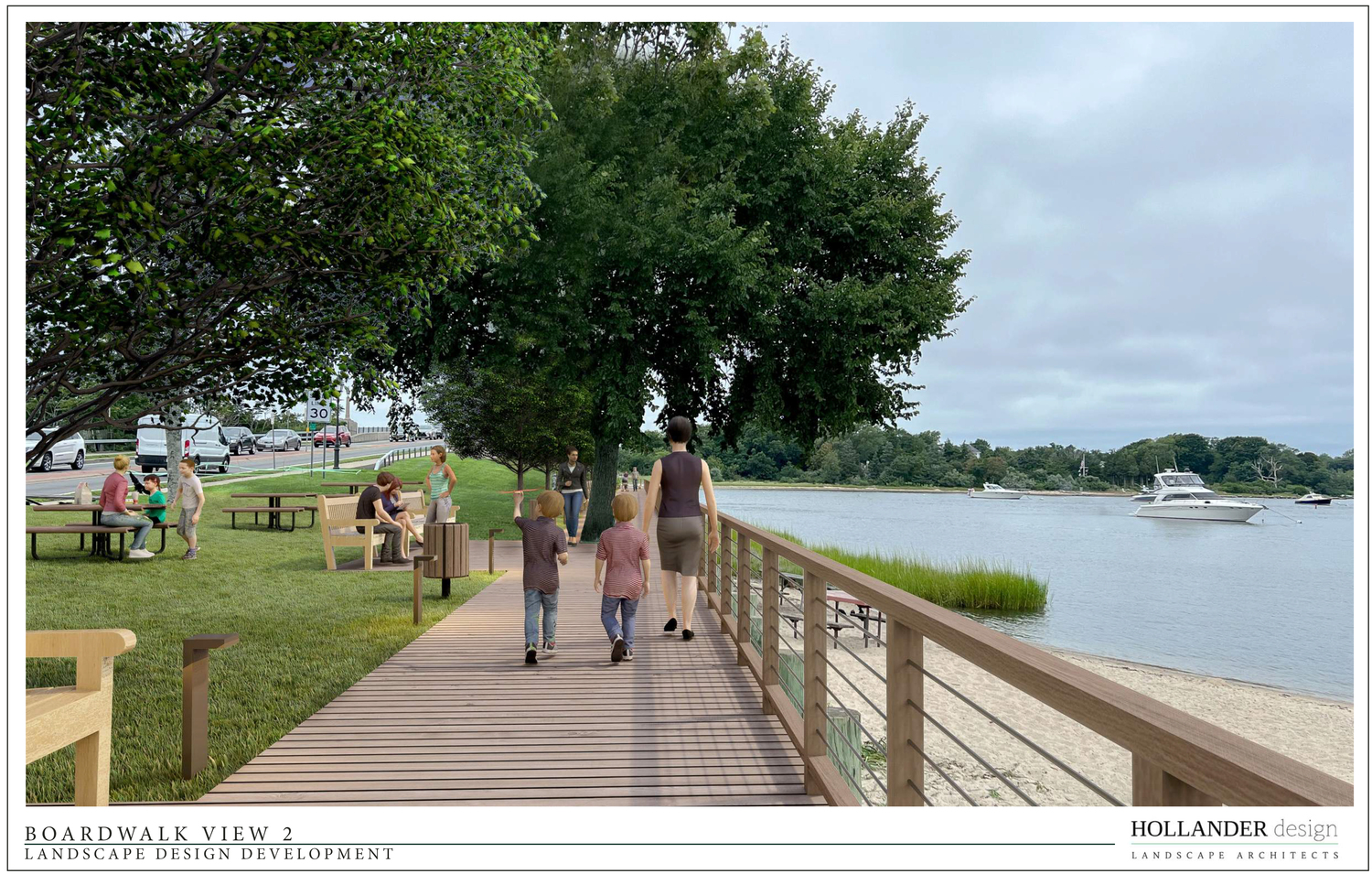 Renderings of the proposed walkway connecting John Steinbeck Waterfront Park and Windmill Beach in Sag Harbor. COURTESY HOLLANDER DESIGN