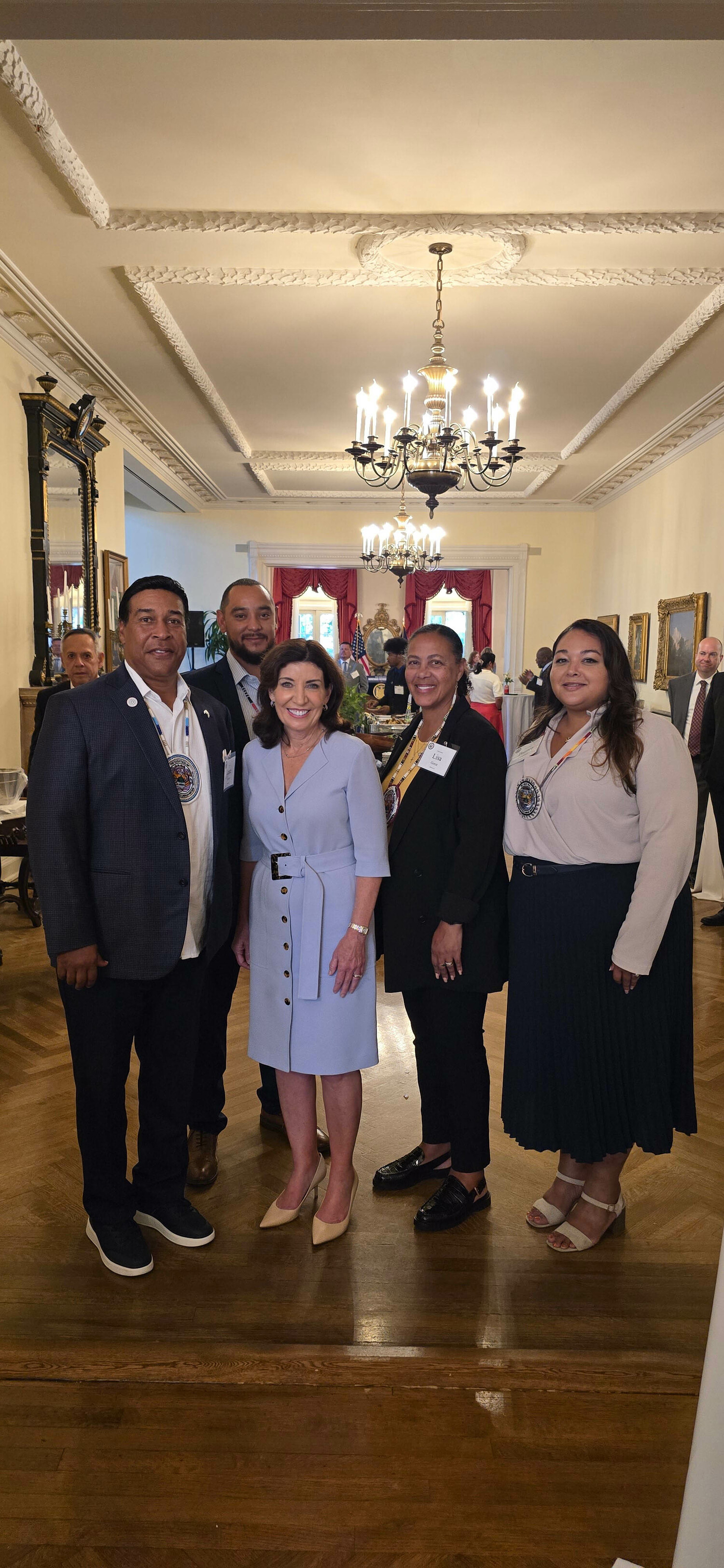 Shinnecock Council of Trustees Vice Chairman Lance, Treasurer Seneca Bowen, Governor Kathy Hochul, Shinnecock Council of Trustees Lisa Goree and Secretary Bianca Collins.   COURTESY LANCE GUMBS