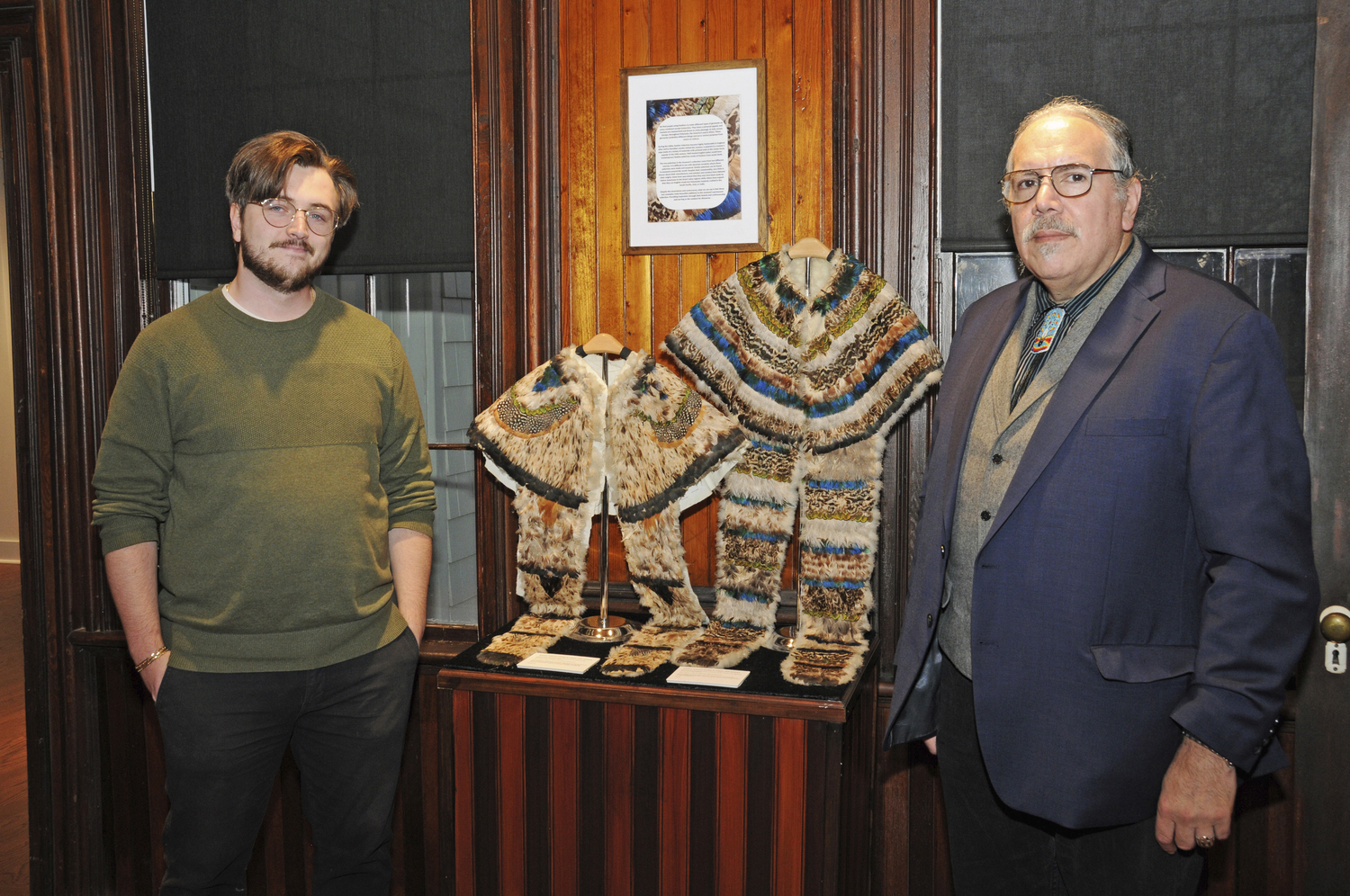 Bridgehampton Museum Executive Director Connor Flanagan with Native American Historian, Author, Artist, Shinnecock David Bunn Martine at the Bridgehampton Museum's Nathaniel Rogers House on Saturday, to learn about the history of the Shinnecock-Montauk  people from historian/author/artist/member of the Shinnecock and Montauk Nations David Bunn Martine. The presentation showed ancient cultural phases of Native history on Long Island, aspects of the history of the of Native whaling, and more contemporary illustrations of traditional arts and crafts. All proceeds from the lecture went to the Boys & Girls Club of Shinnecock Nation.  RICHARD LEWIN