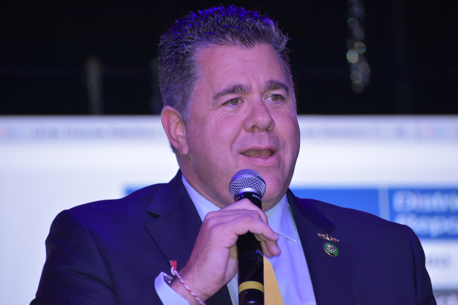 U.S. Representative Nick LaLota delivers a victory speech in his bid for a second term at Stereo Garden in Patchogue on Tuesday night. BRENDAN J. O'REILLY