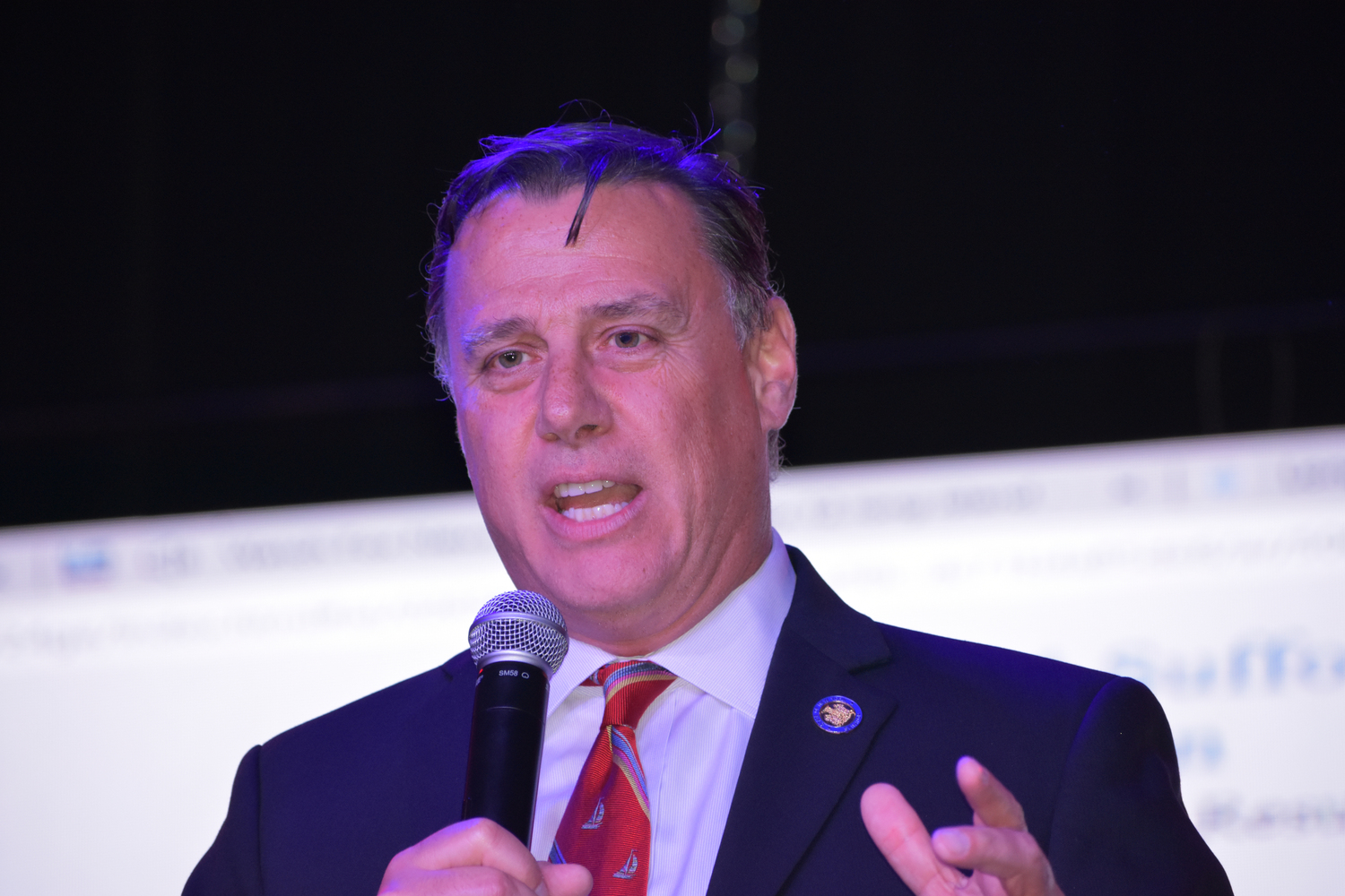 Anthony Palumbo delivers a victory speech at Stereo Garden in Patchogue on Tuesday night. BRENDAN J. O'REILLY