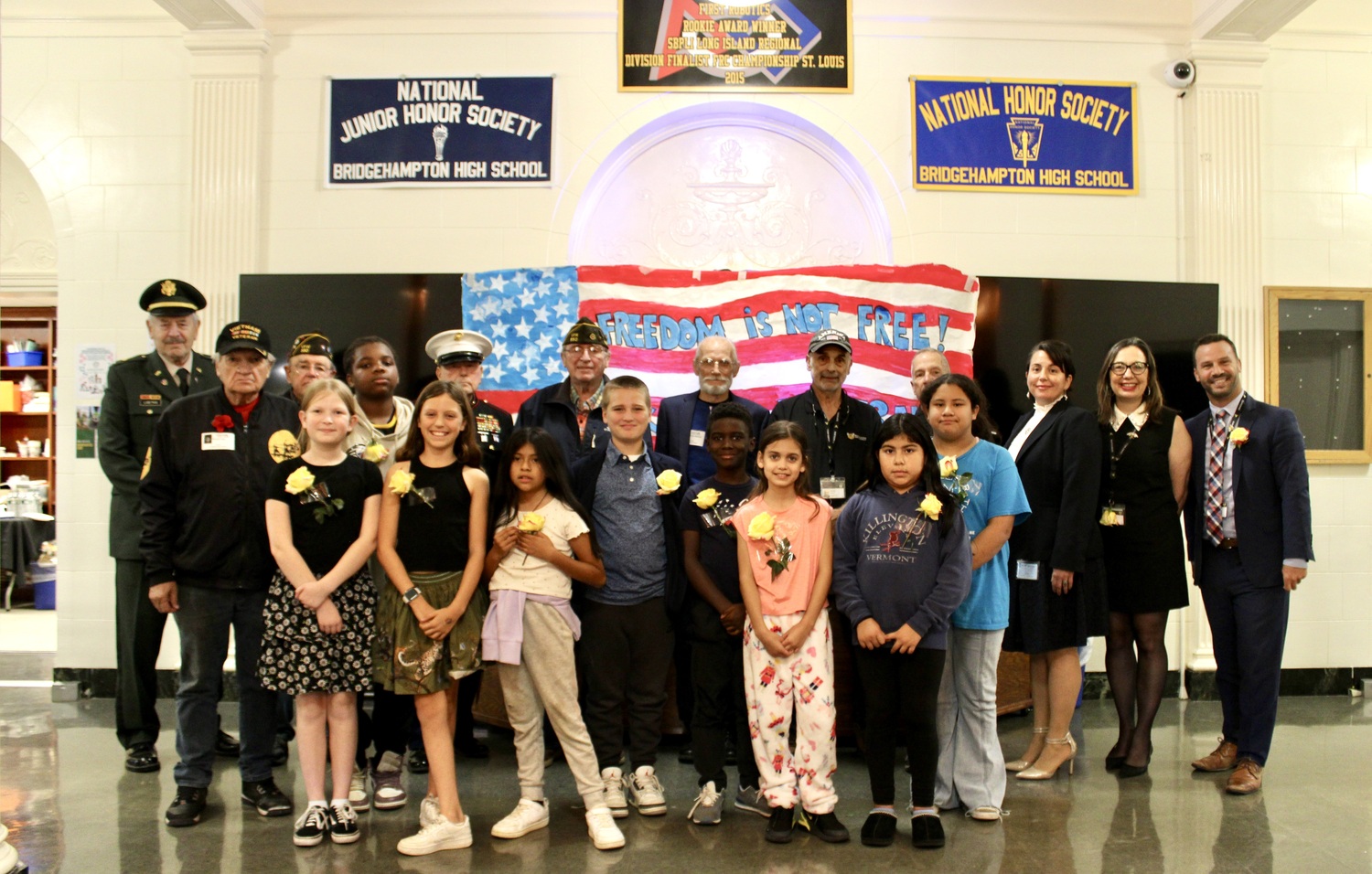 Bridgehampton Elementary staff and student government with local veterans during the school's recent Veterans Day event. COURTESY BRIDGEHAMPTON SCHOOL