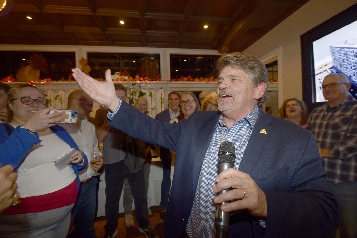 Tommy John Schiavoni, thanks his family and supporters at Page in Sag Harbor, after winning the 1st District Assembly race against Republican Stephen Kiely.  DANA SHAW