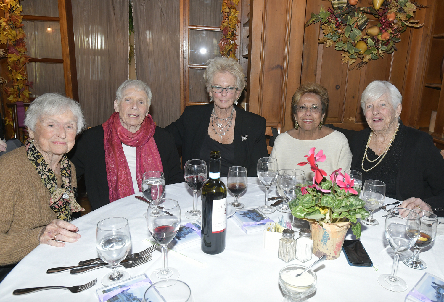 Pat Farrell, Sister Ann Marino, Judy Musnicki, Carol Burke and Barbara Lowe at the Cor Maria luncheon at Villa Paul in Hampton Bays on Saturday.  DANA SHAW