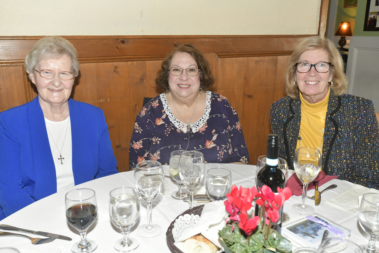 Sister Margaret Hayne, Elisa Loomis and Joan McGovern at the Cor Maria Luncheon at Villa Paul in Hamp[ton Bays on Saturday.  DANA SHAW