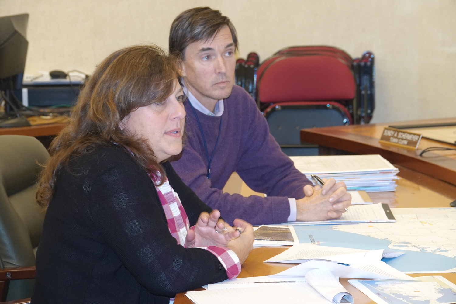 Janice Scherer and Seth Race outlined the recommendations for new BESS systems in Southampton Town last week, including barring them from residential areas, capping the size of standalone BESS facilities at 5 megawatts and requiring that they be on properties of at least 1 acre in industrial zones and at least 300 feet from a residential property. MICHAEL WRIGHT